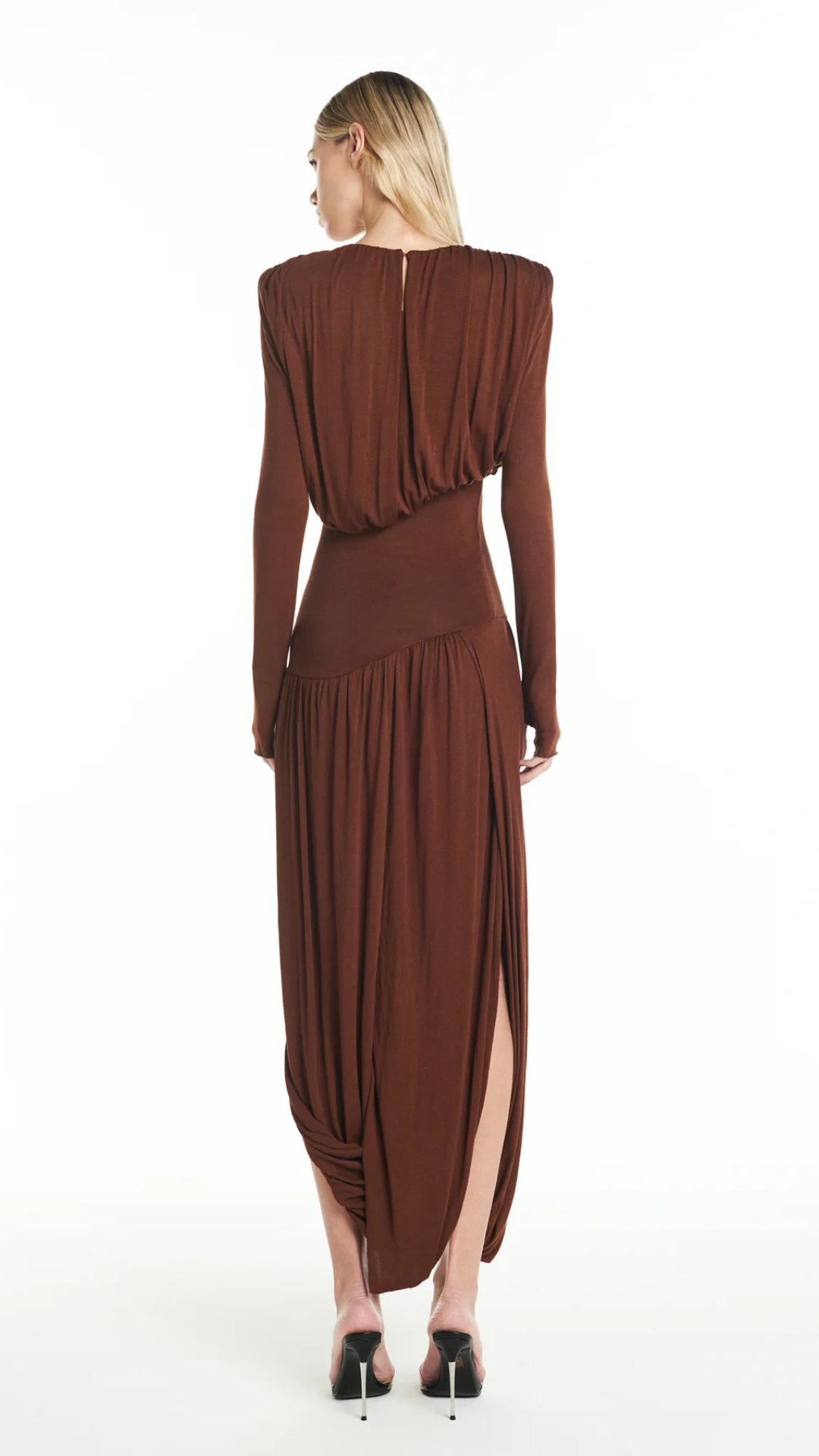 Vestido Longo Manga Longa Drapeado Marrom