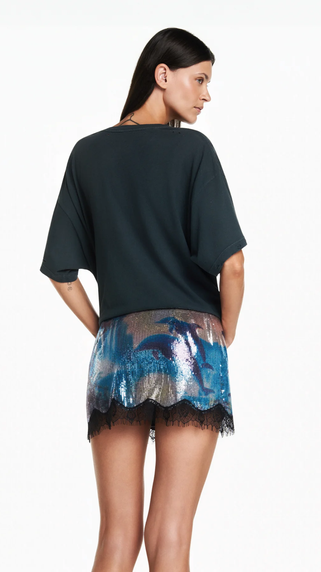 Mini Saia Paetê Golfinho Azul Renda Barra