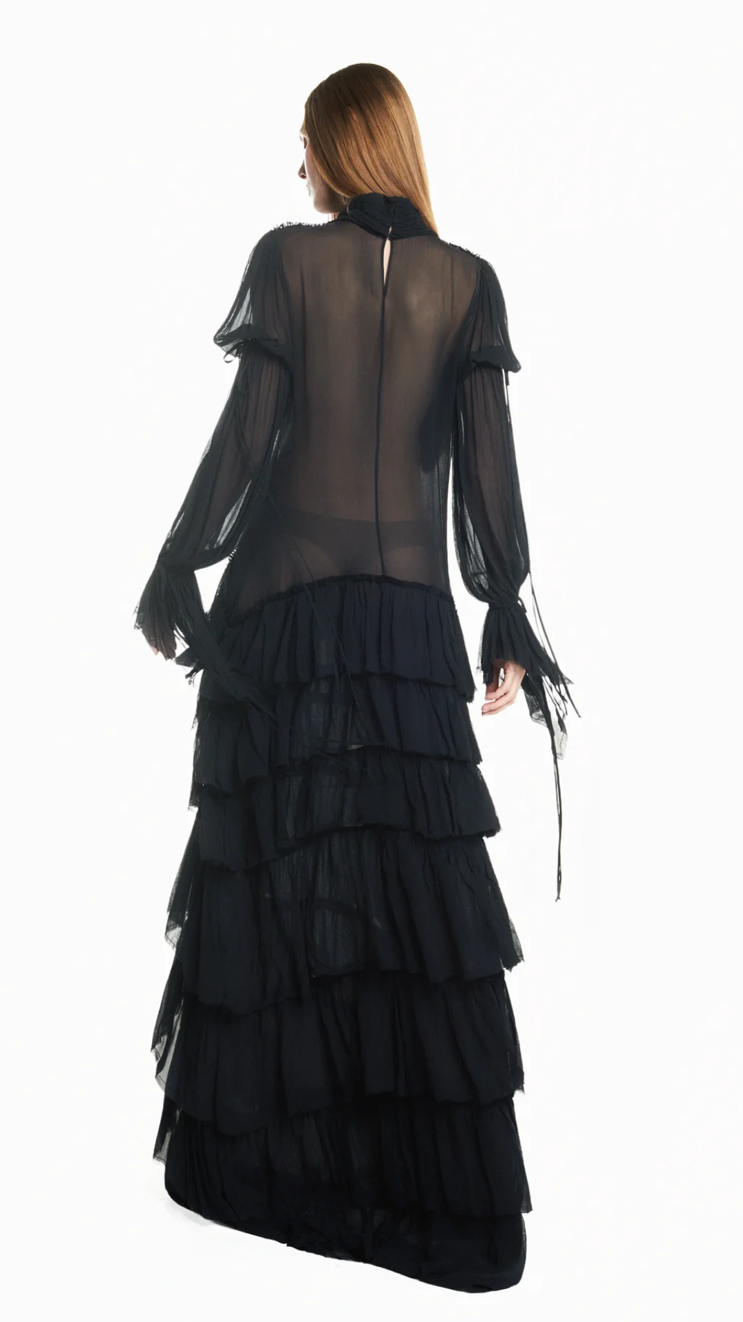 Vestido Longo Babados Manga Longa Chiffon com Corset Preto