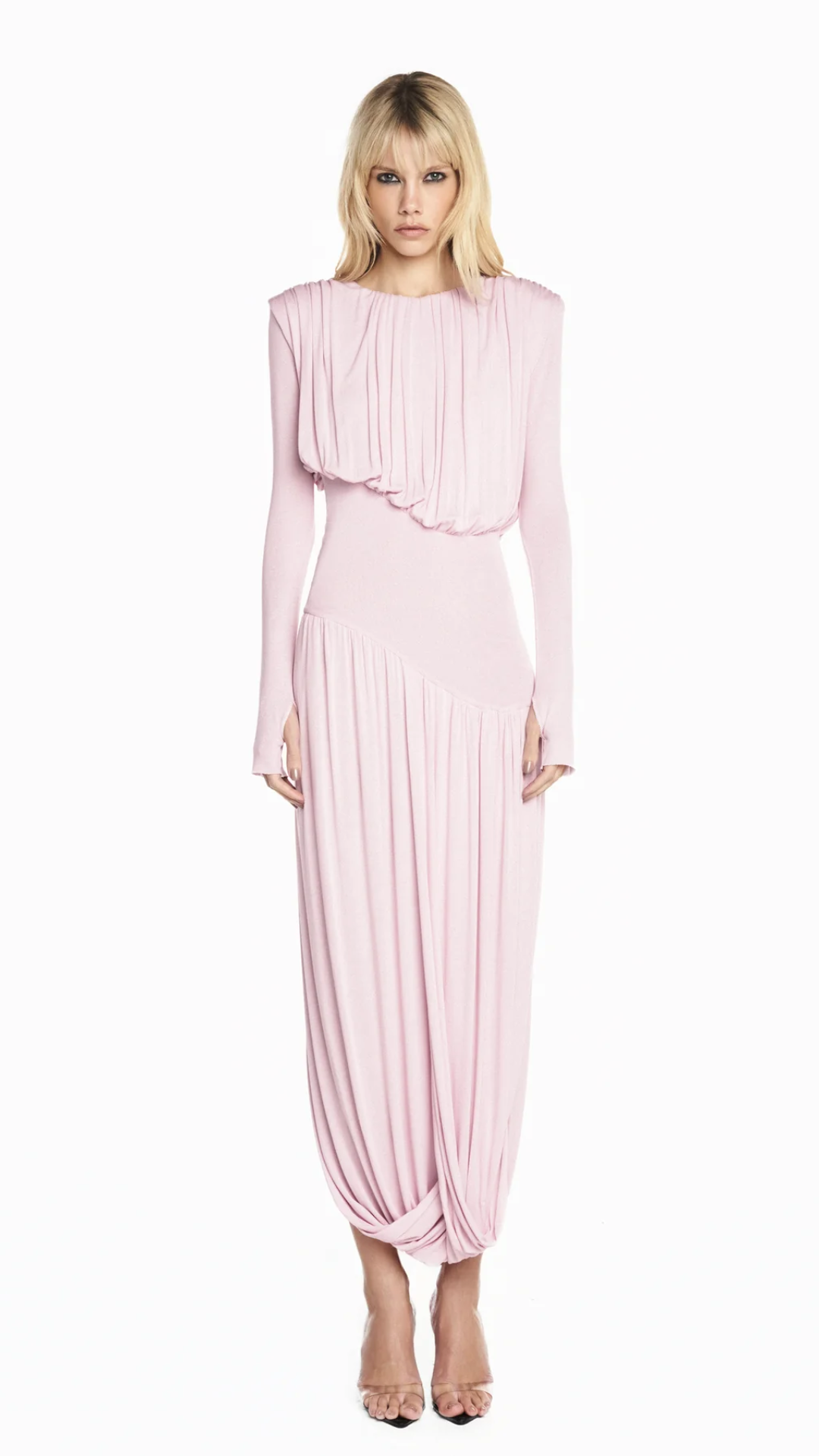 Vestido Longo Manga Longa Saia Torcida Corpo Drapeado Malha Rosa