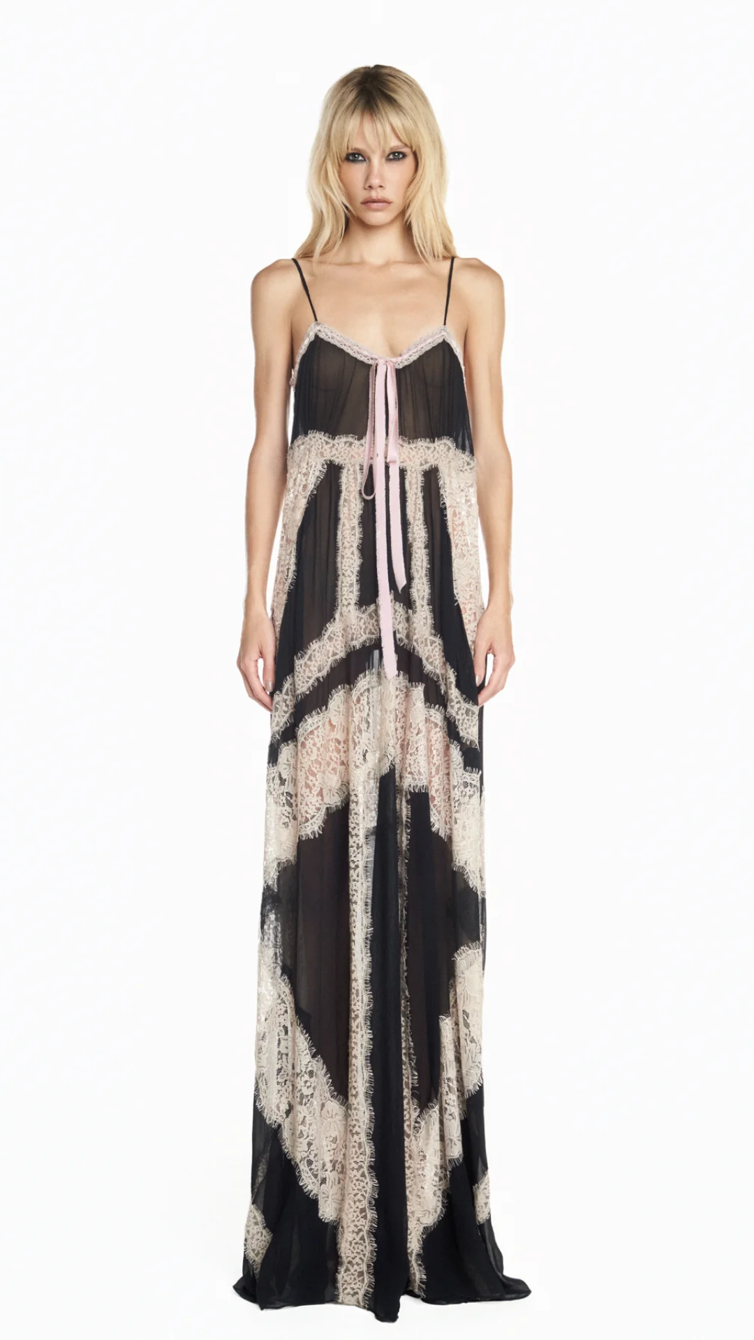 Vestido Longo Alça Chiffon Preto com Renda Bege