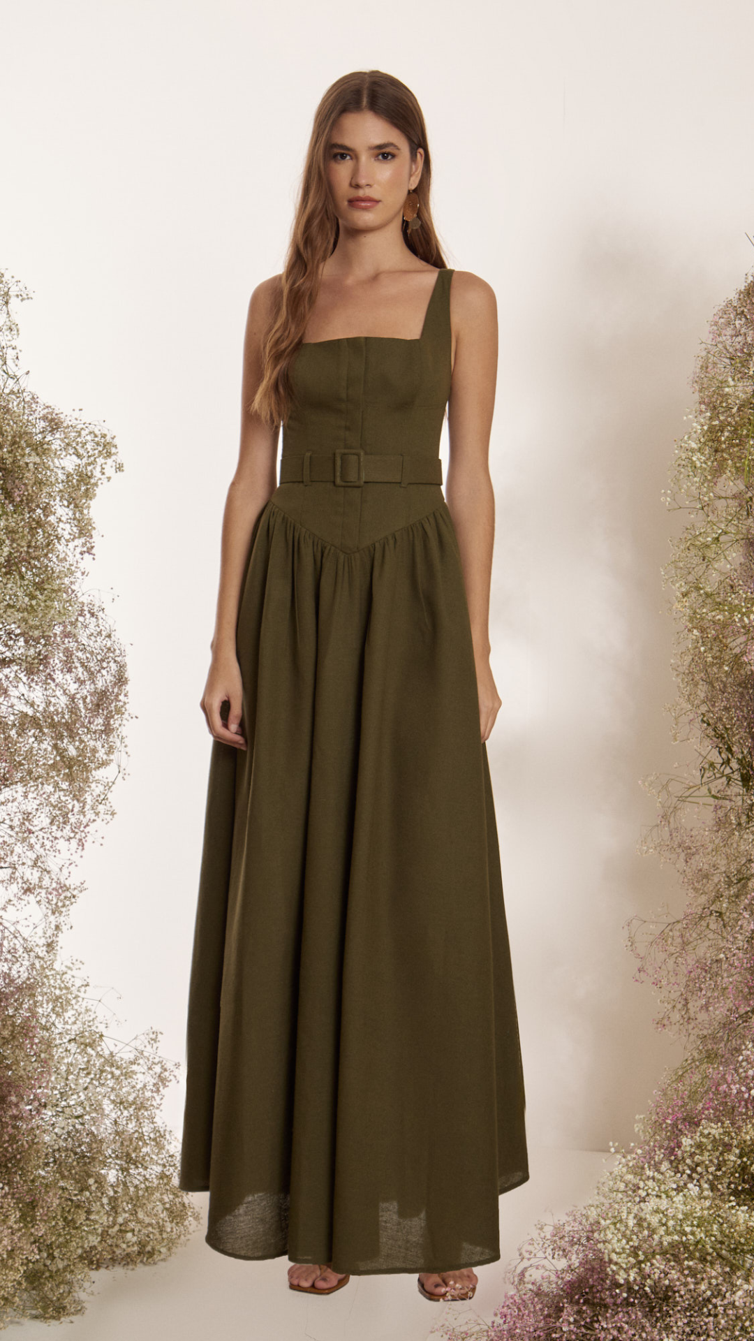 Vestido Longo Eco Linho Cinto Oliva
