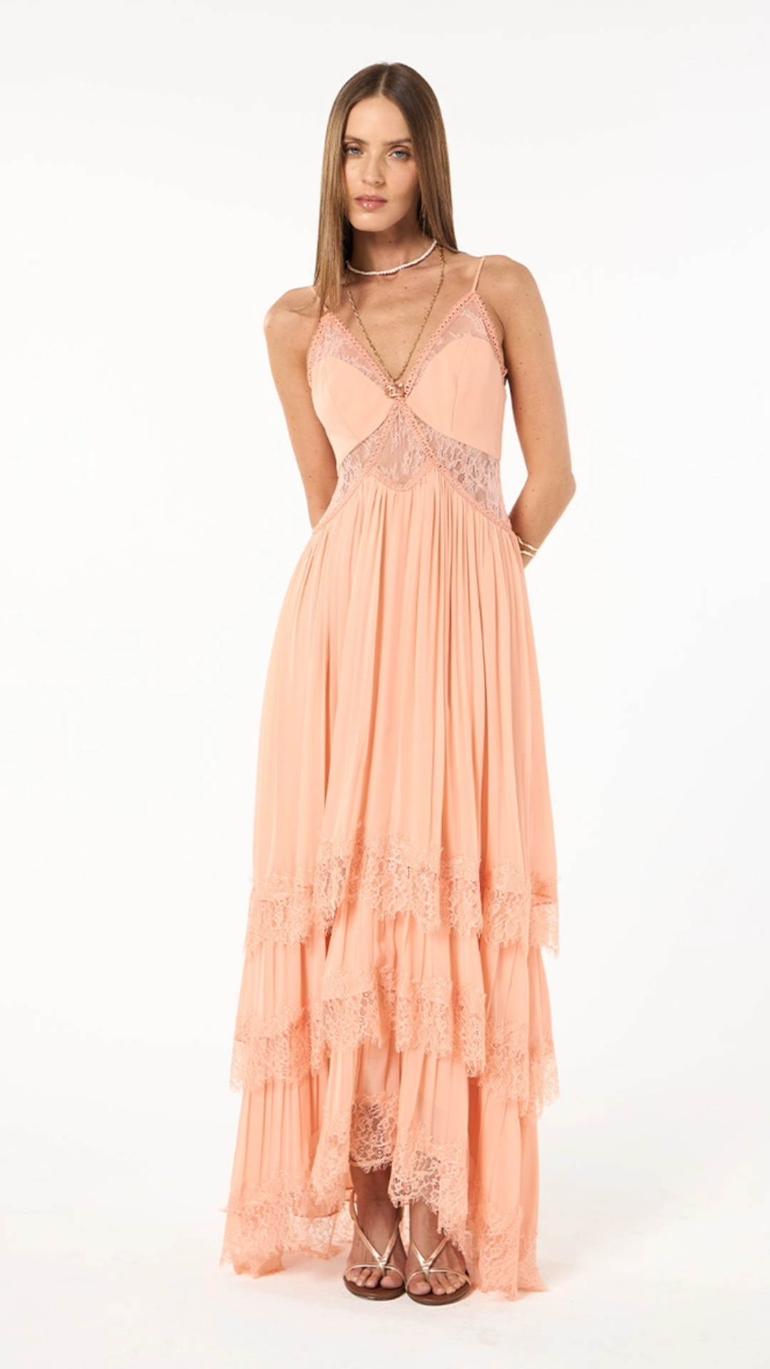 Vestido Longo Crepe Camadas Rosa Lichia