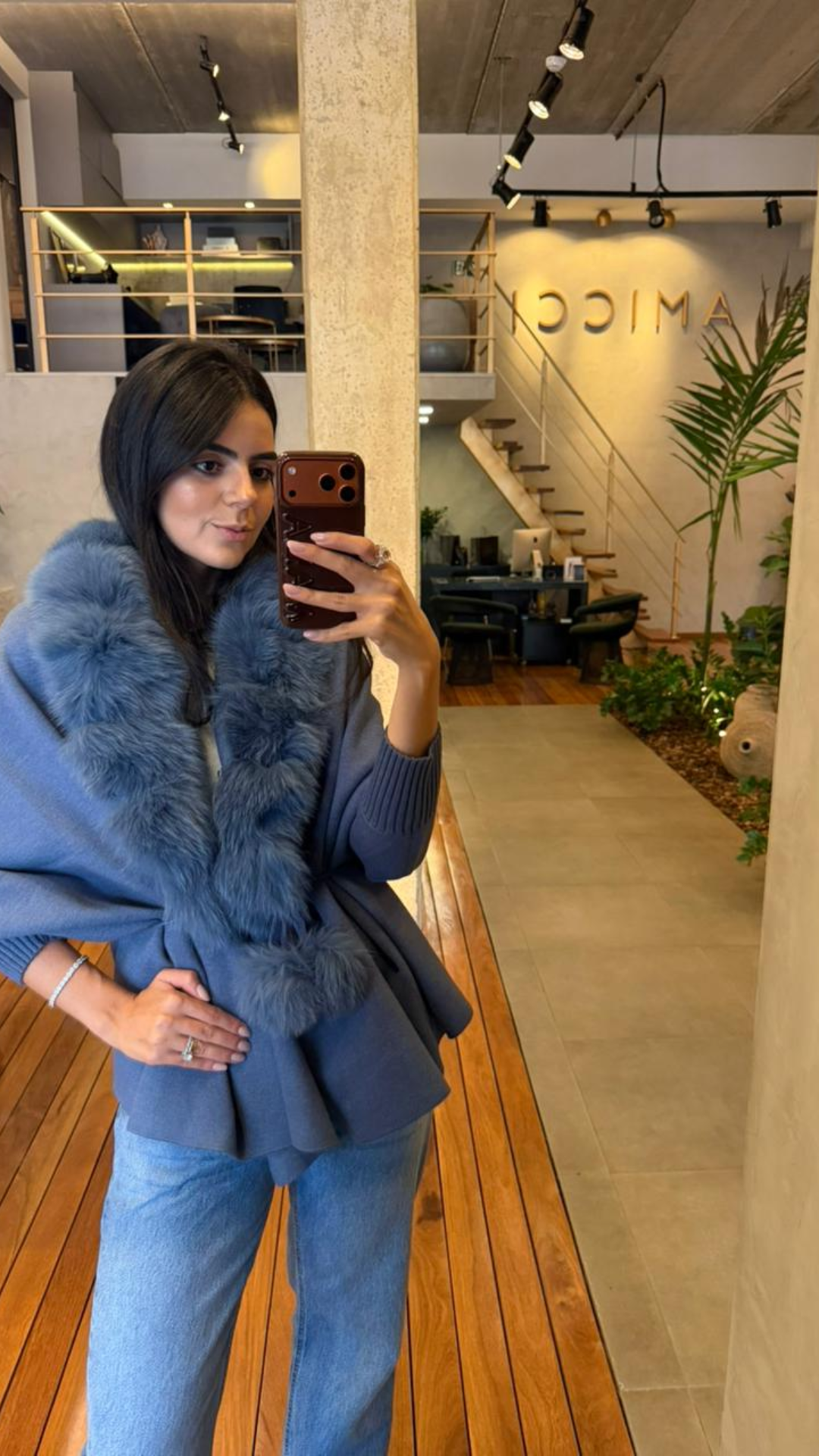 Manto Tricô Gola Gomos Pele Removível Blue Jeans