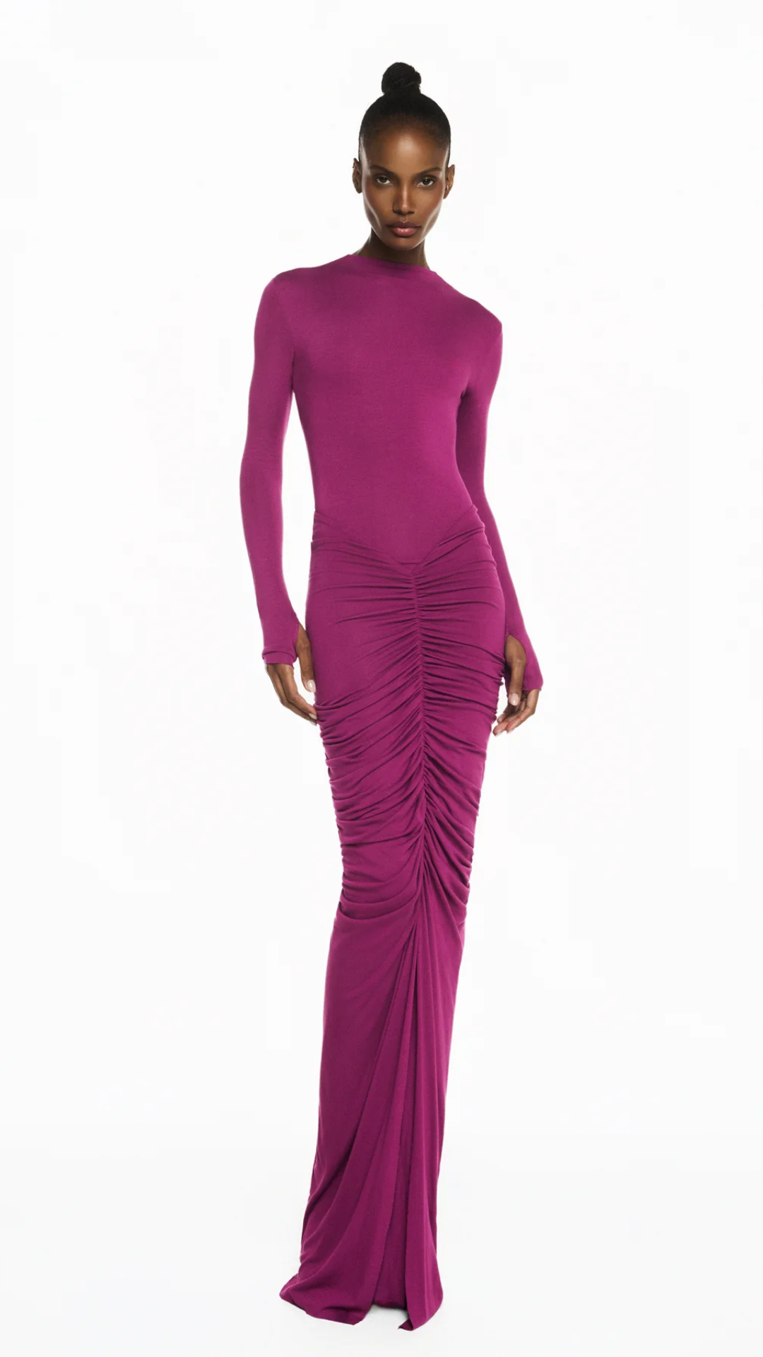 Vestido Longo Manga Longa Malha Fúcsia