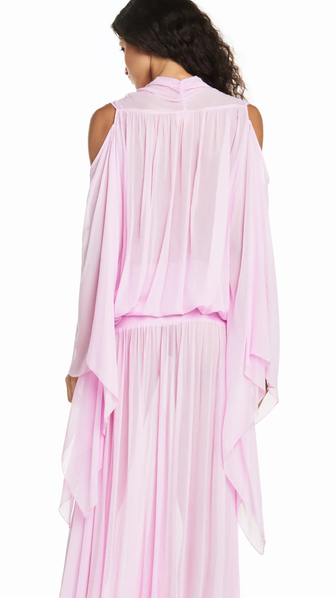 Blusa Decote Transpasse Elástico Cintura Manga Ampla Chiffon Rosa