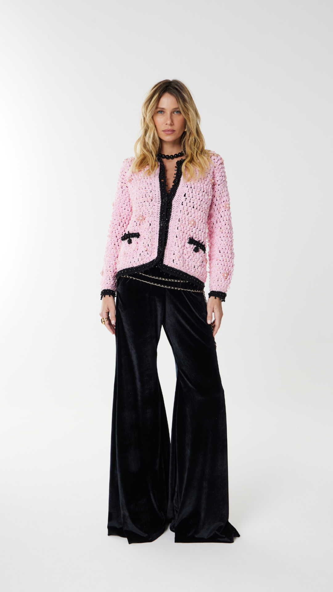 Casaco Crochetado Nice Preto e Rosa