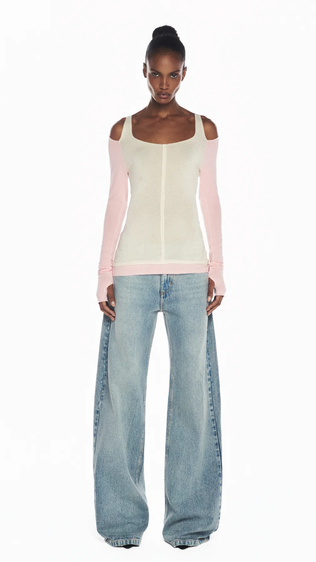 Blusa Manga Longa Bicolor Malha Bege e Rosa