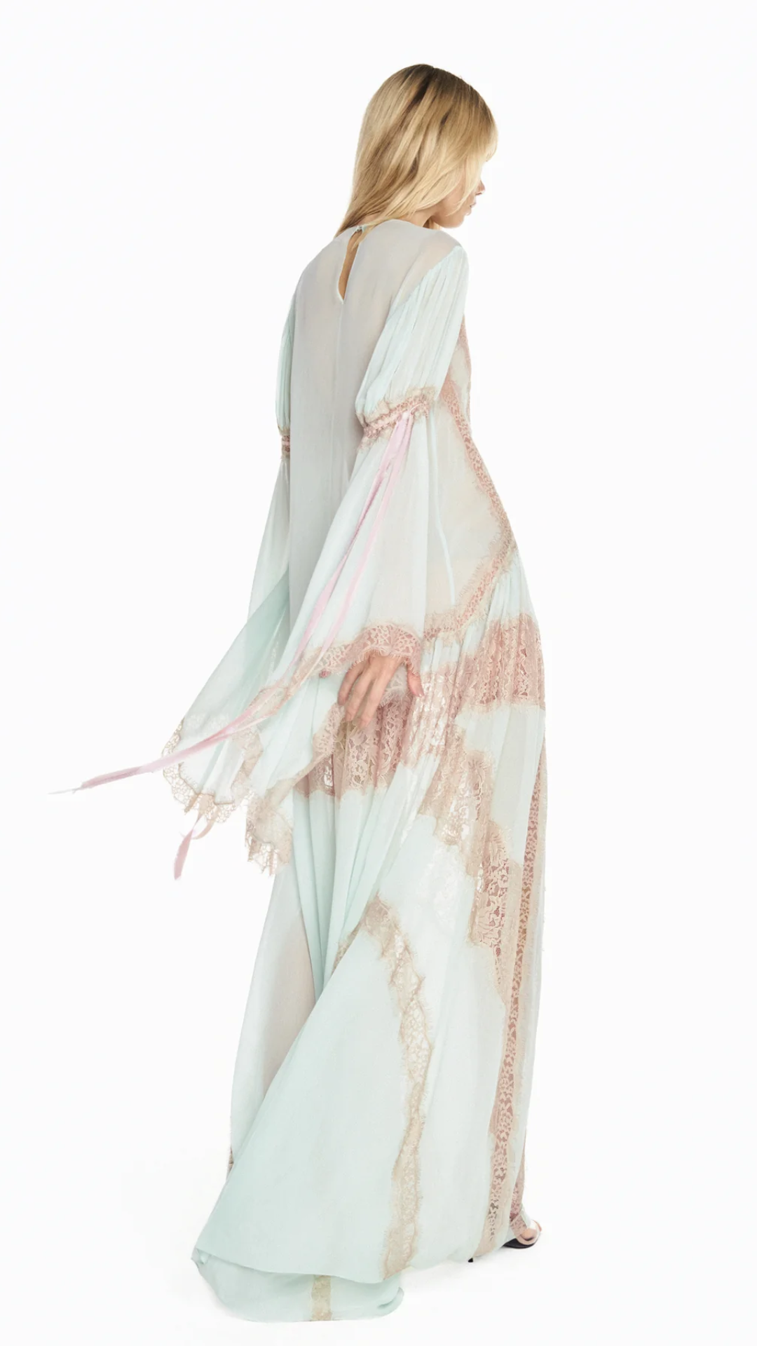 Vestido Longo Manga Longa Chiffon Verde com Renda Bege