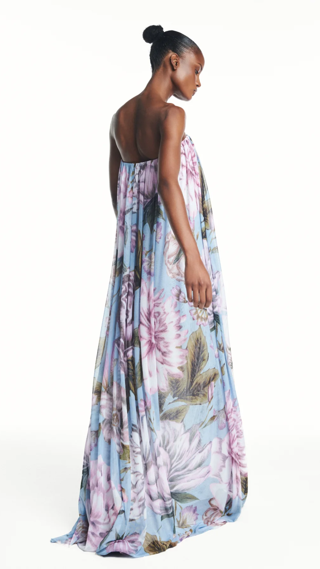Vestido Longo Amplo Tomara que Caia Tule Floral Azul
