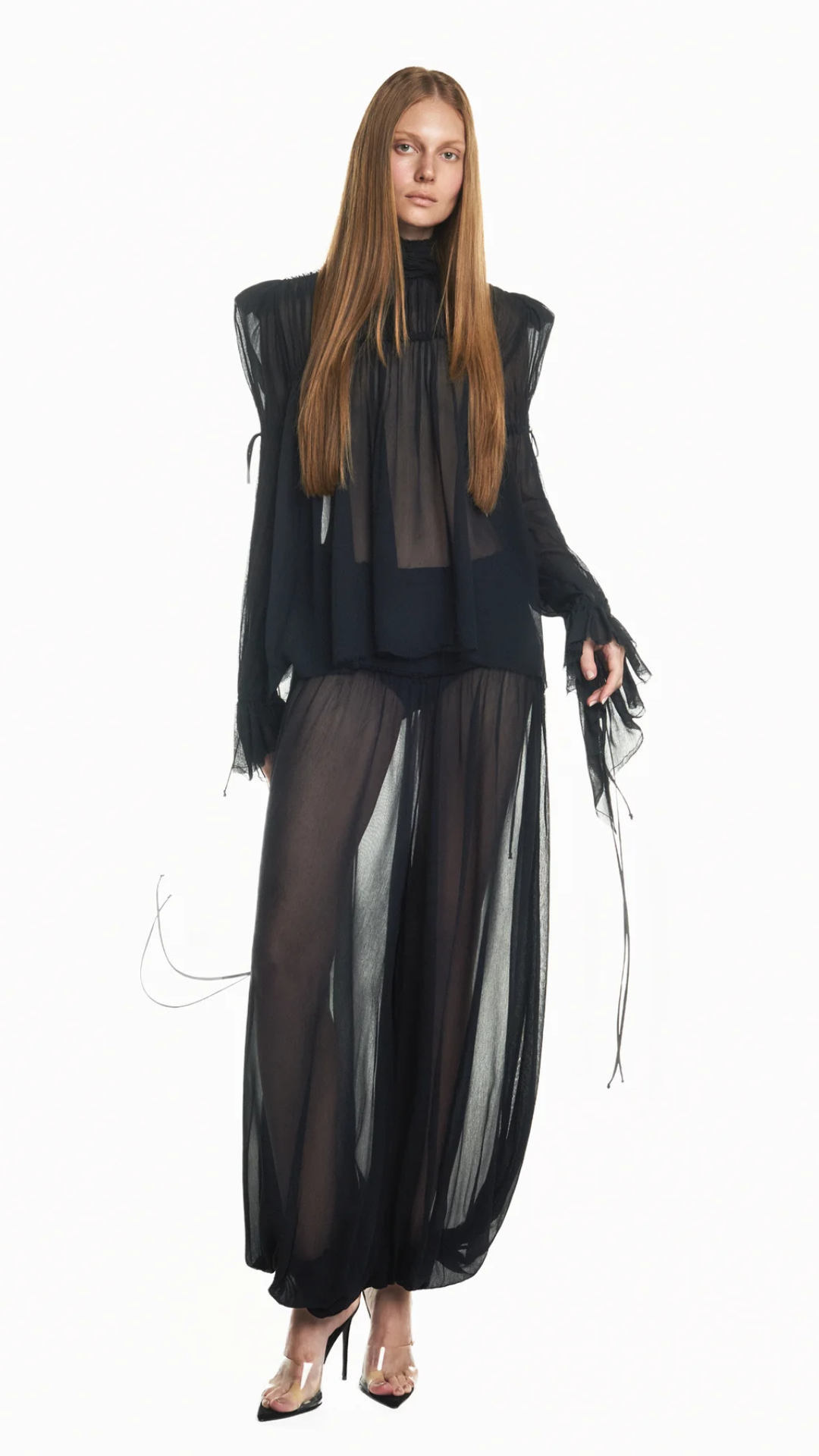 Calça Pala Drapeada Elástico na Barra Chiffon Preto