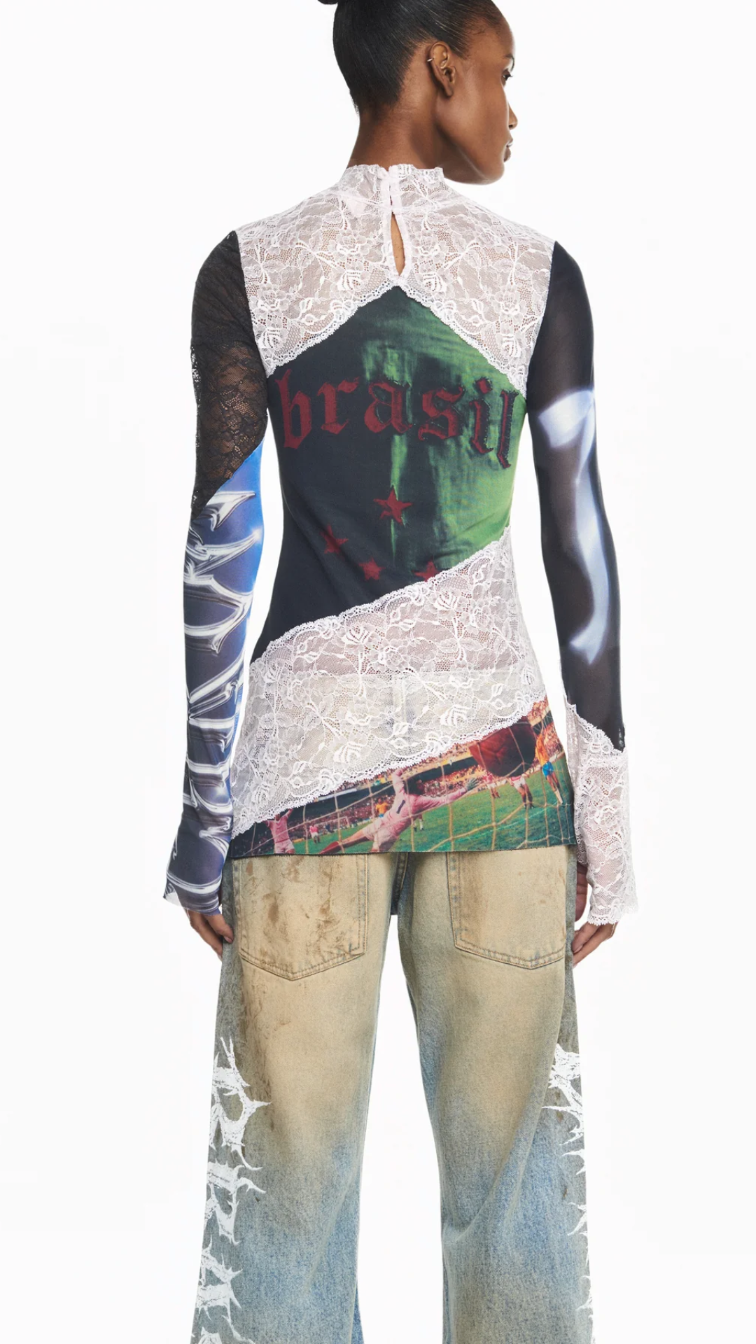 Blusa Manga Longa Gola Alta Tule e Renda Brasil