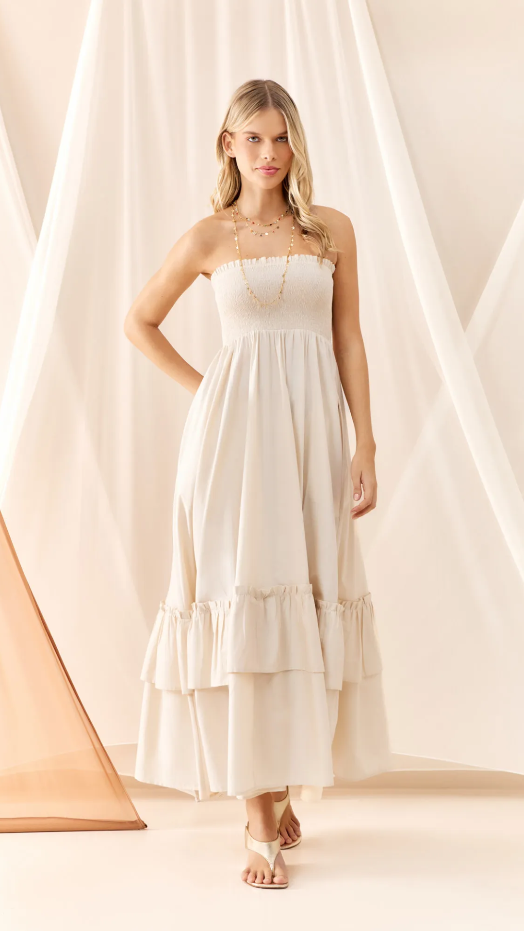 Vestido Tricoline Lastex Bege Camomila