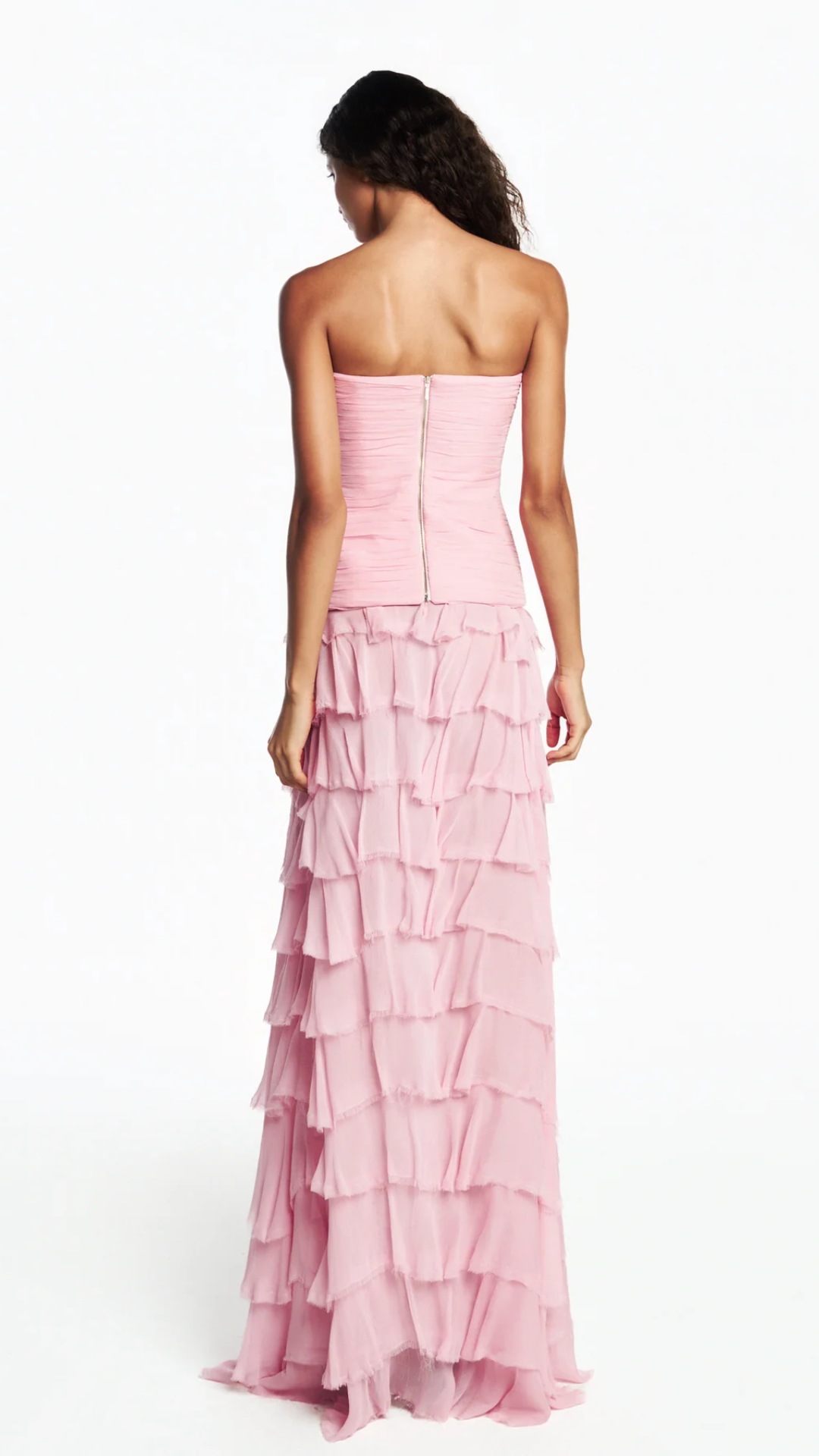 Saia Longa Babados Chiffon Rosa