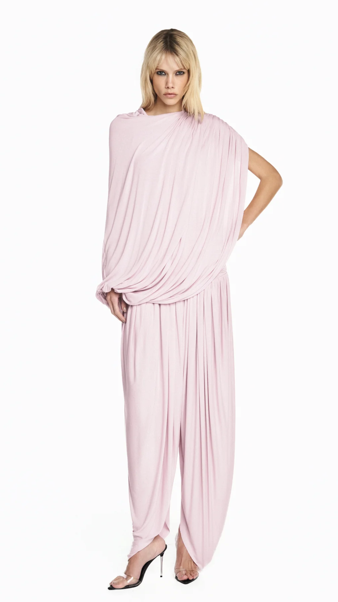 Blusa Corpo Drapeado Capa Sobreposta Malha Rosa