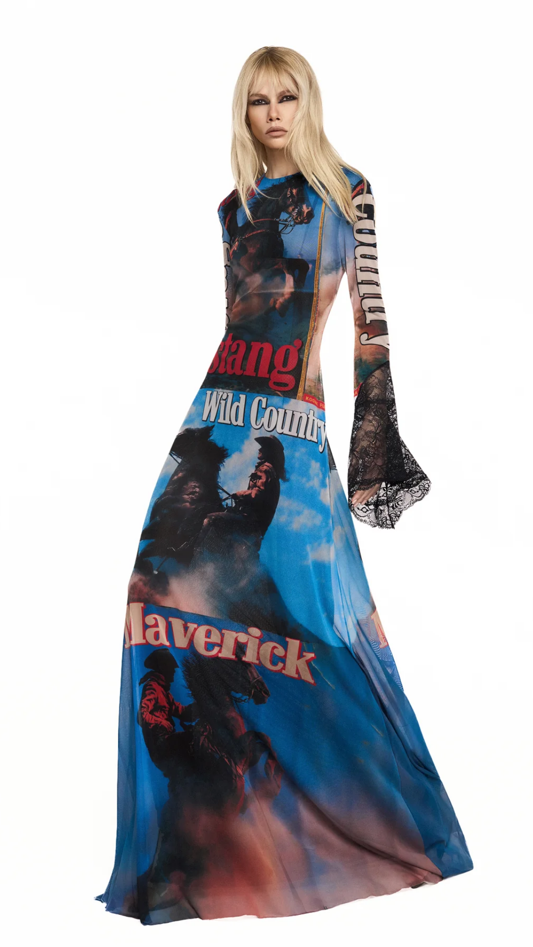 Vestido Longo Manga Longa Tule e Renda Wild Country