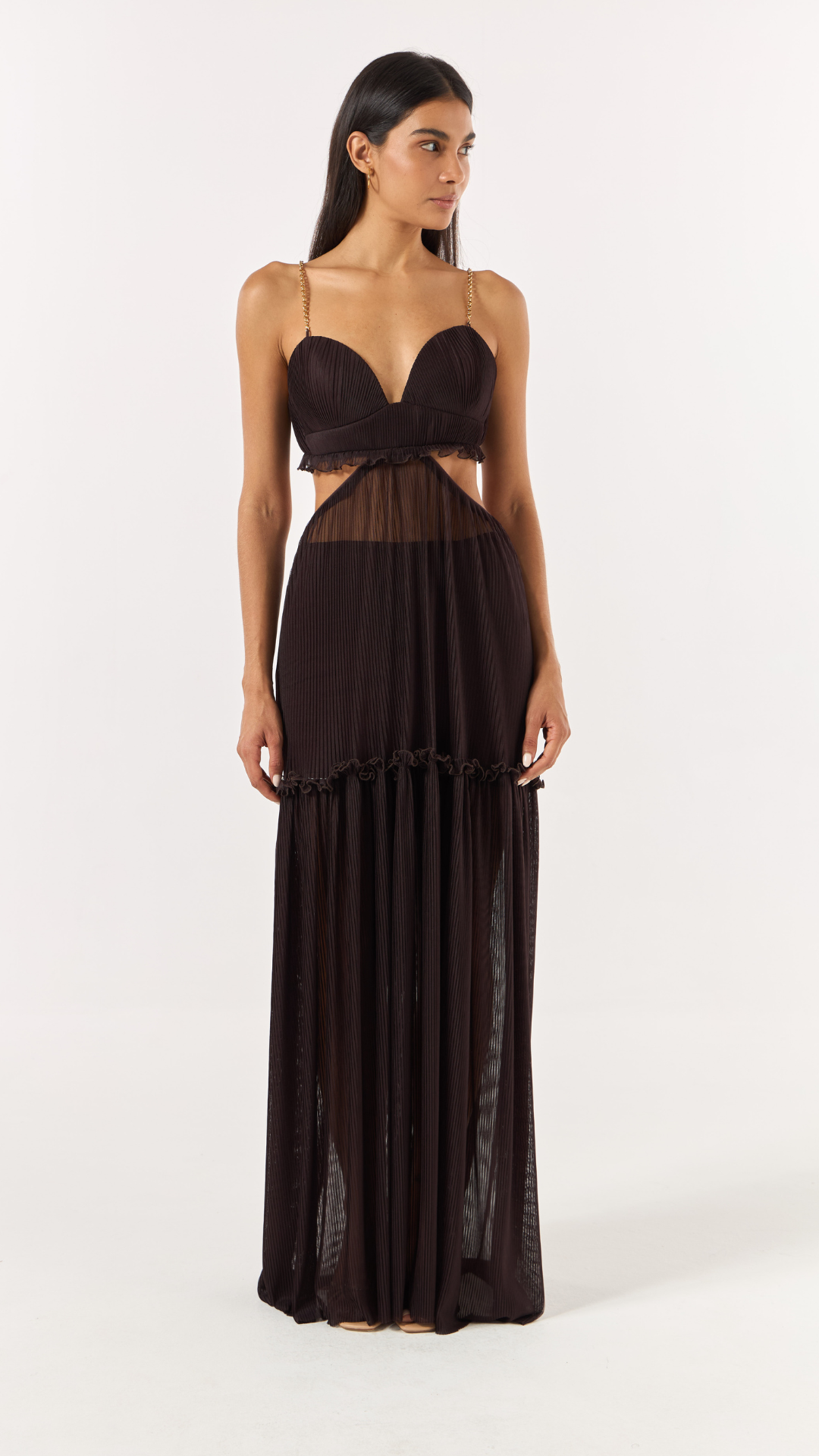 Vestido Longo Cut Out Tule Plissê Marrom Hollow