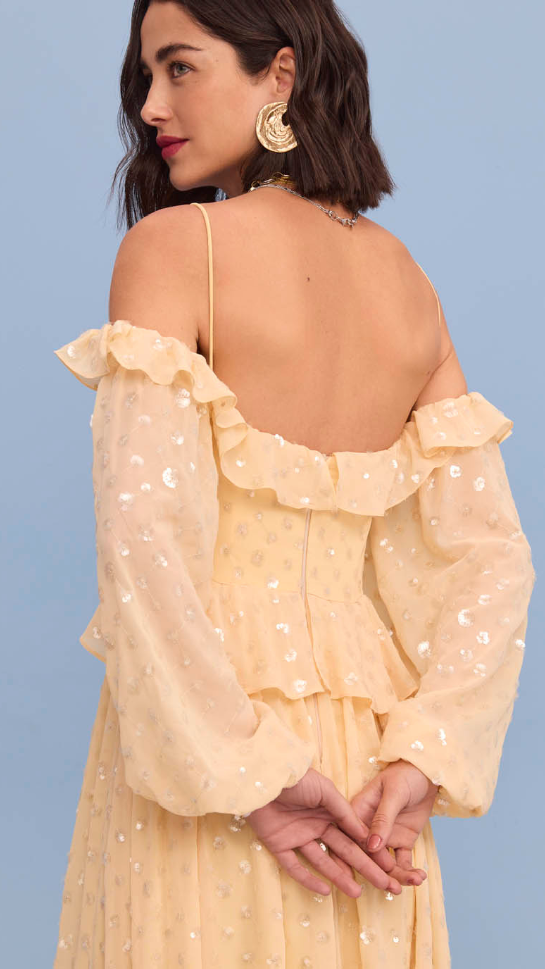 Vestido Chiffon Paetê Amarelo Honey Comb