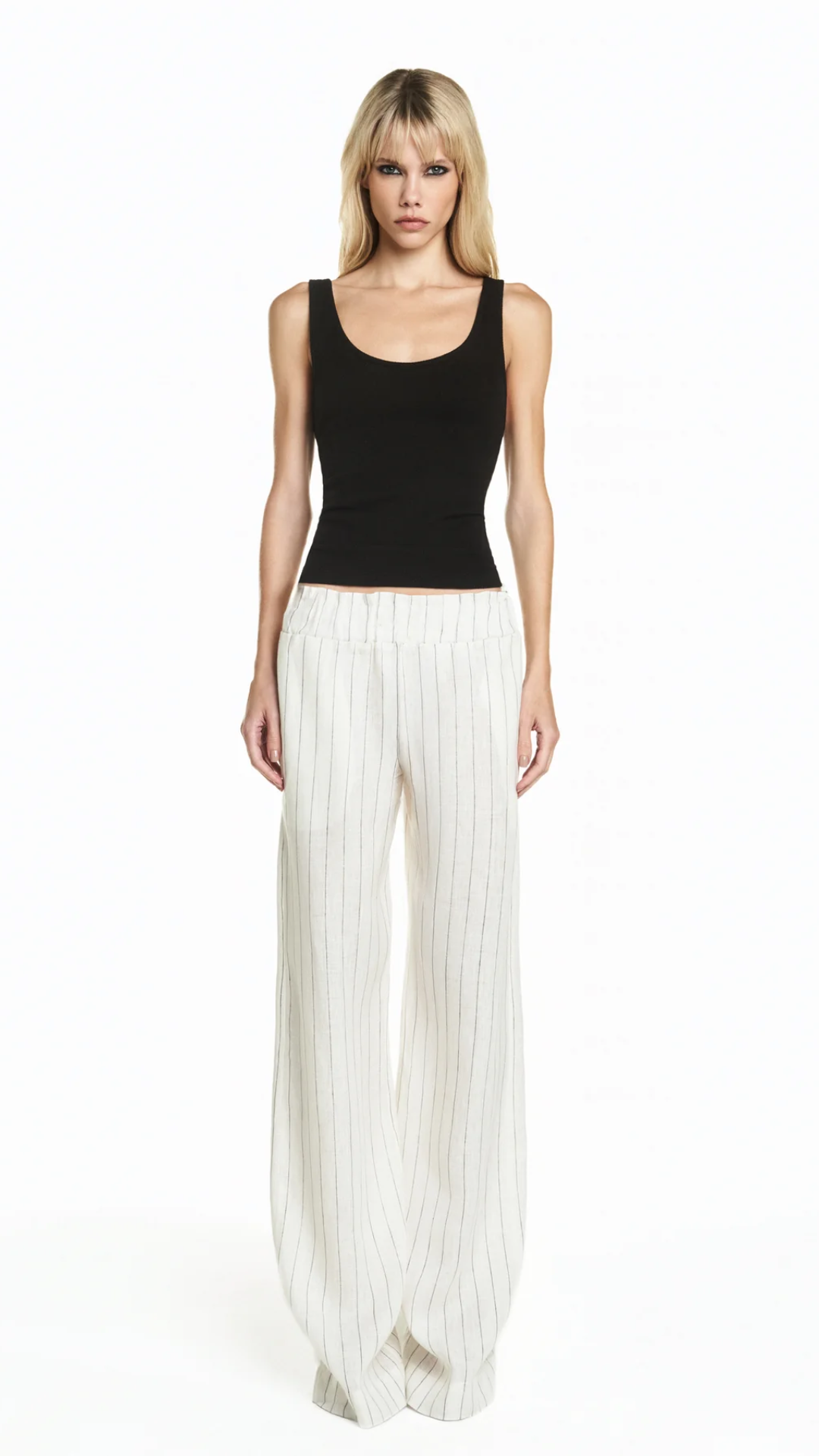 Calça Elástico Cós Linho Listrado Off White