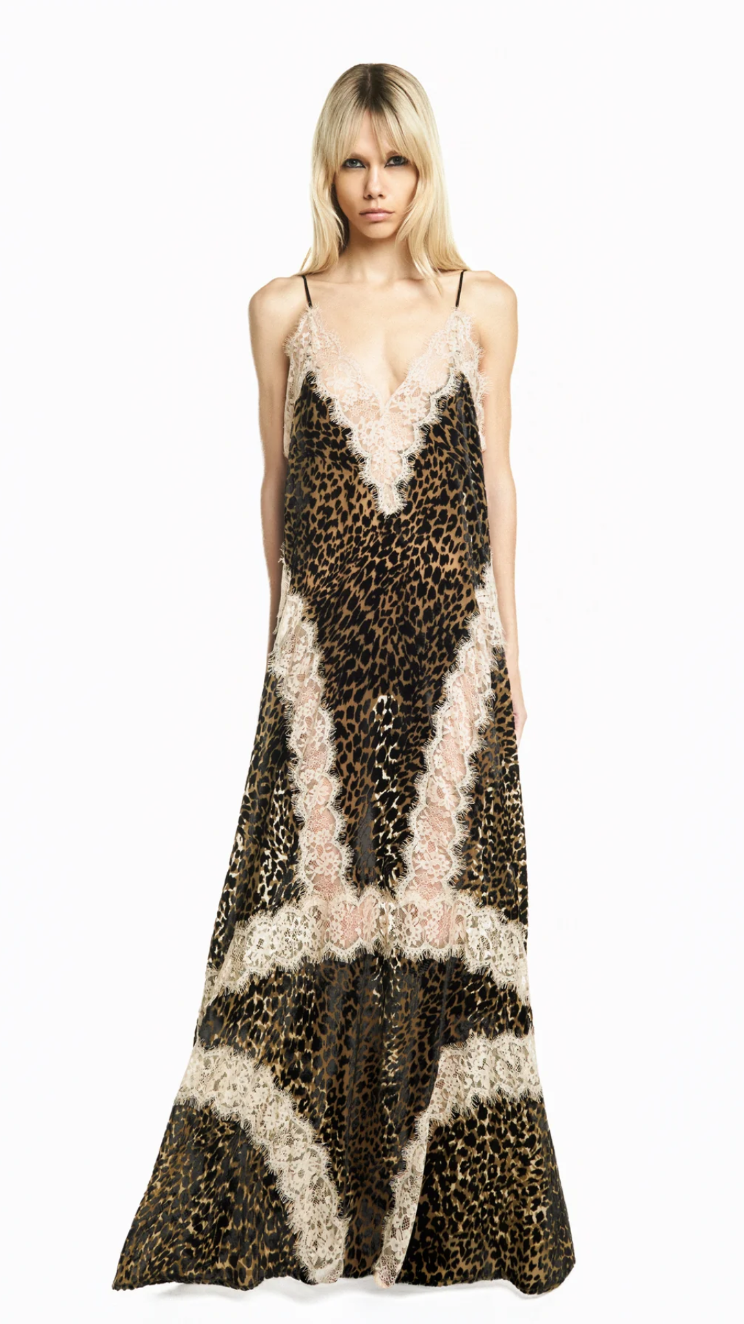 Vestido Longo Alça Devorê Onça com Renda Bege