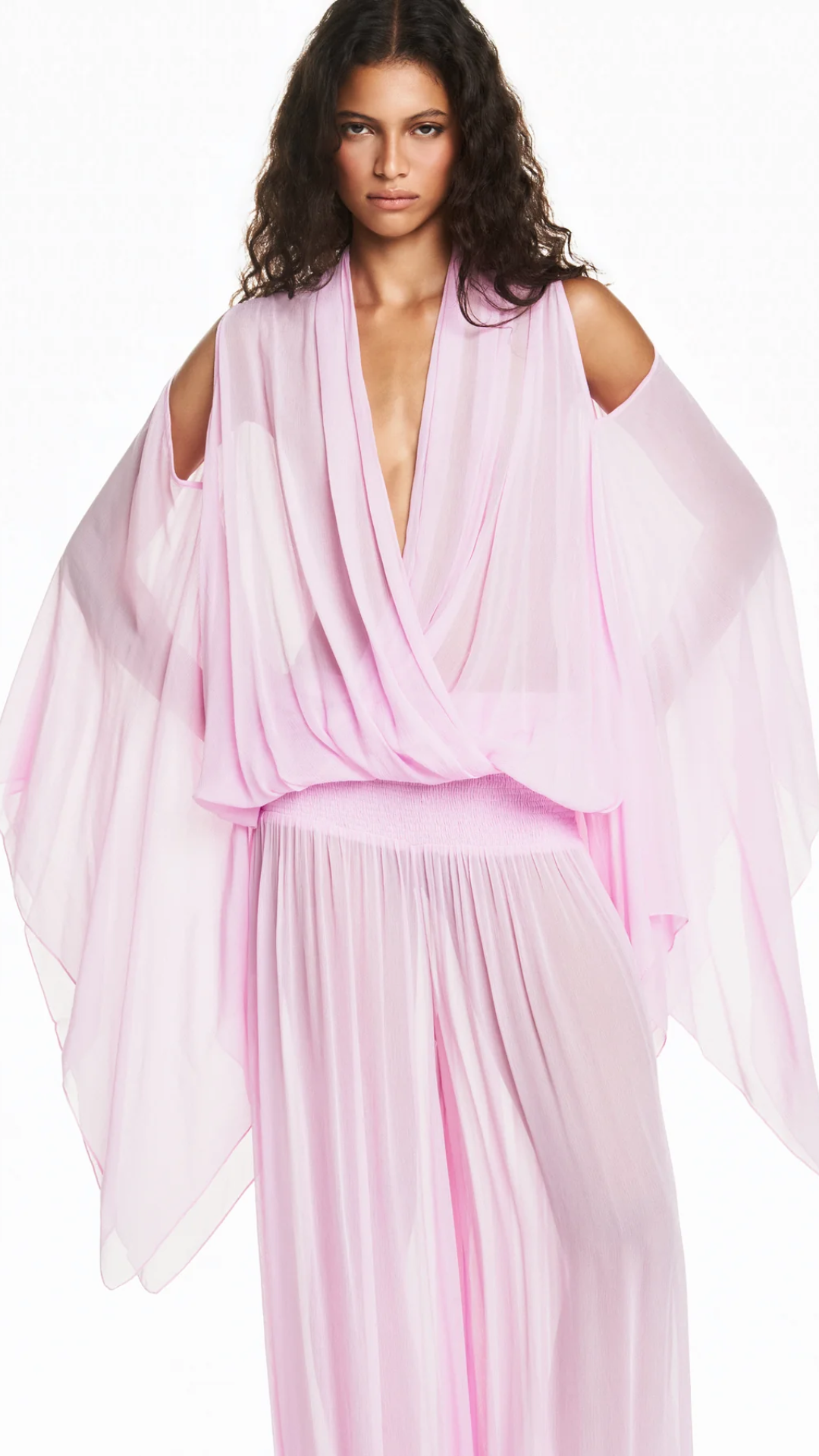 Blusa Decote Transpasse Elástico Cintura Manga Ampla Chiffon Rosa