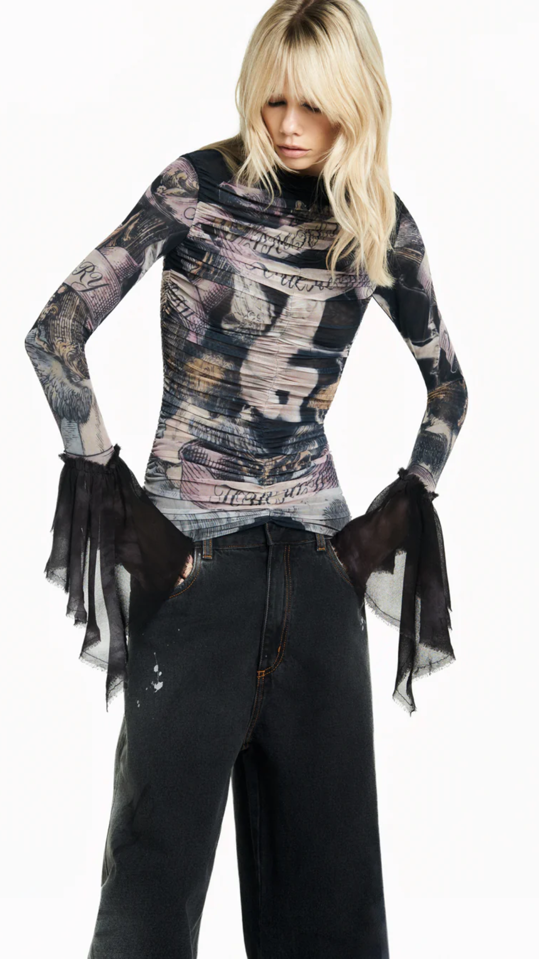 Blusa Drapeada Manga Longa Tule Angel Preto