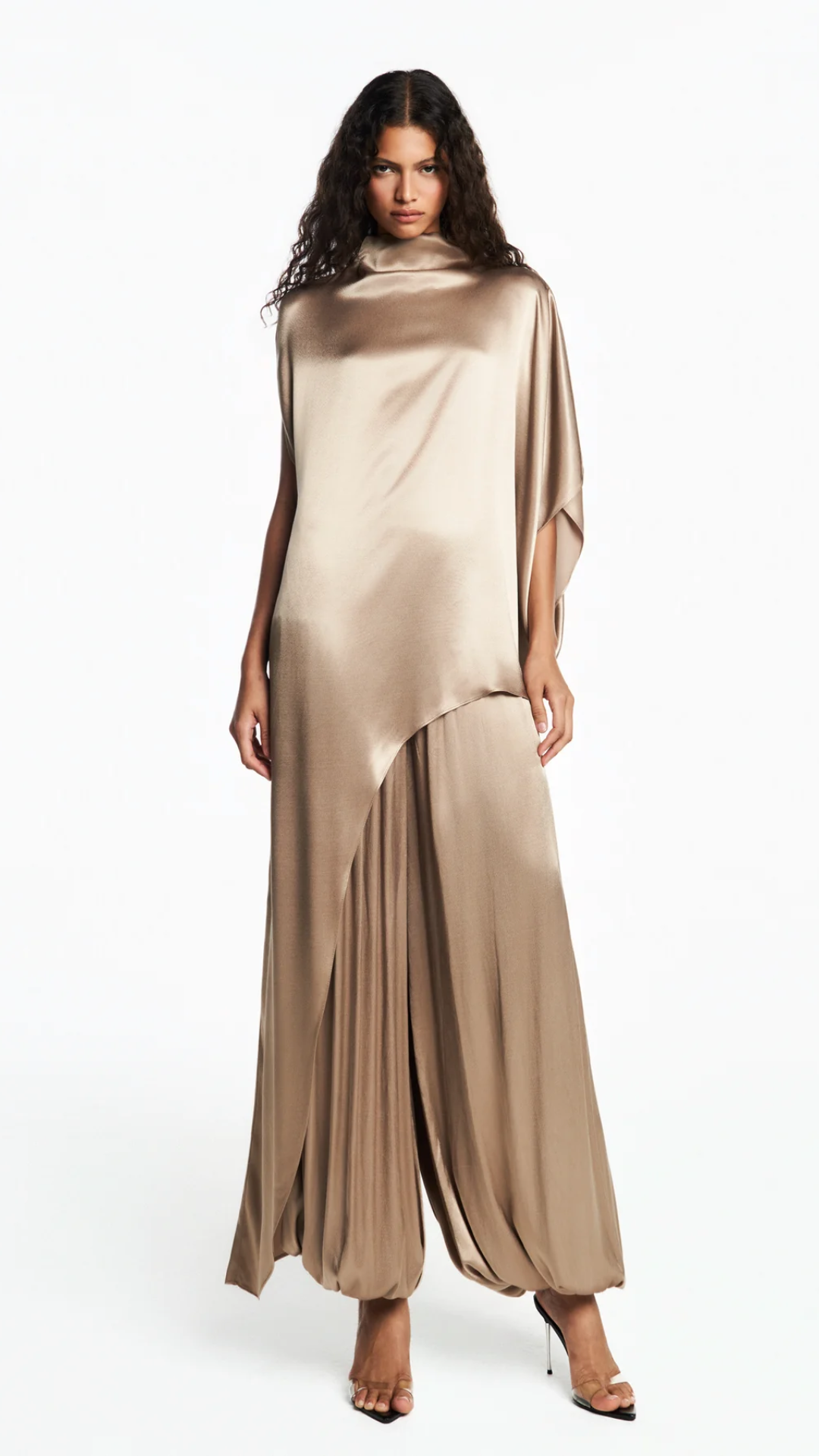 Blusa Kaftan Assimétrica Cetim Bege