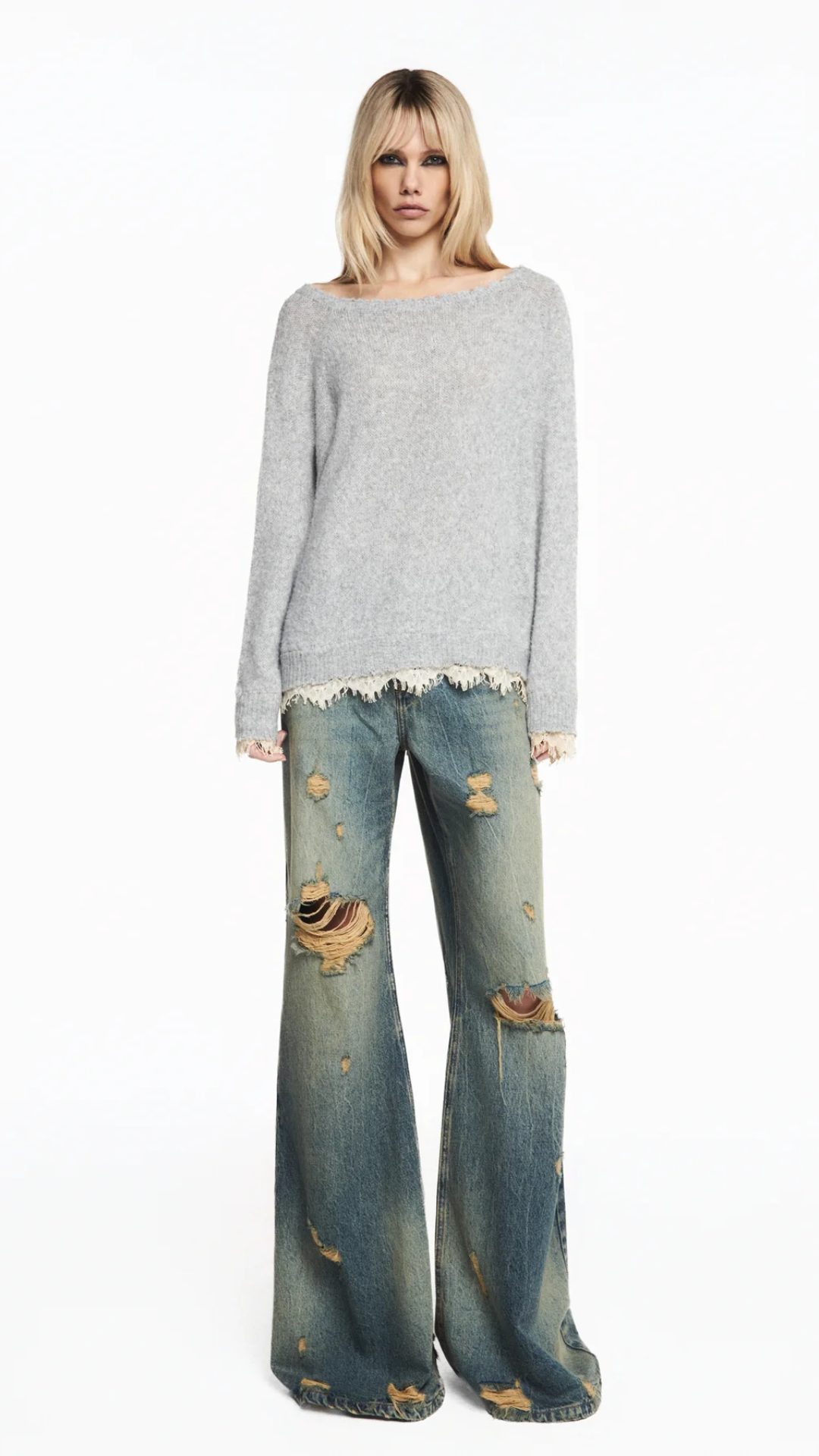 Blusa Tricot Cinza Renda Barra