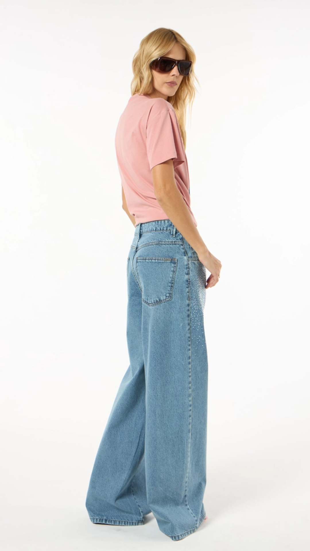 Calça Jeans Aplicação Strass Azul