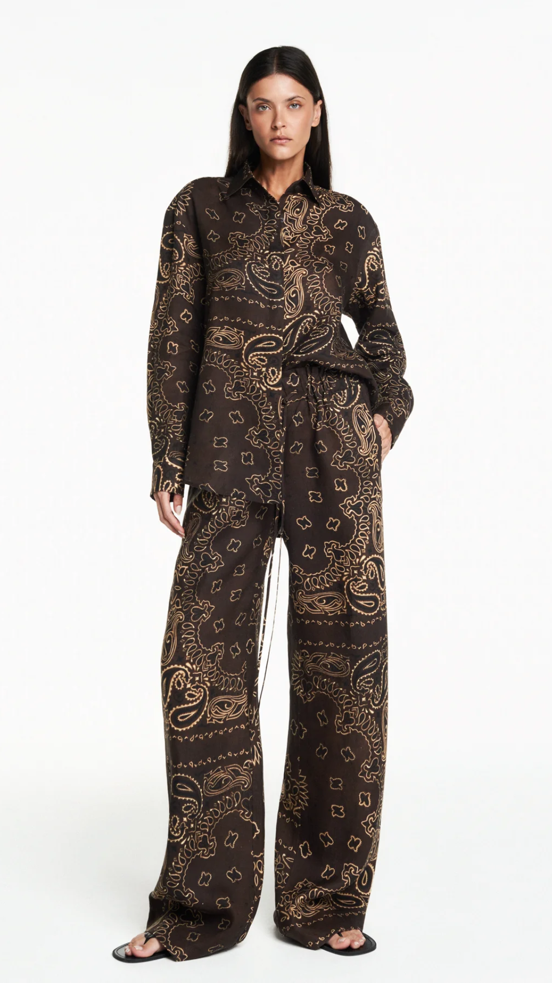 Calça Elástico Cós Linho Bandana Marrom