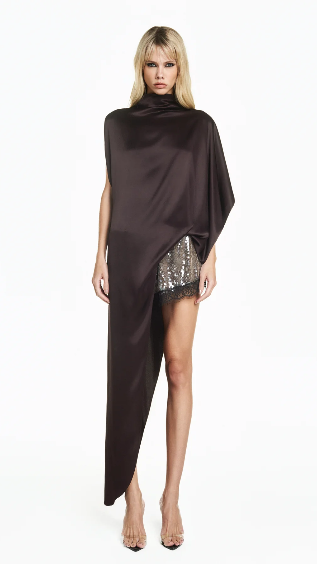 Blusa Kaftan Assimétrica Cetim Marrom