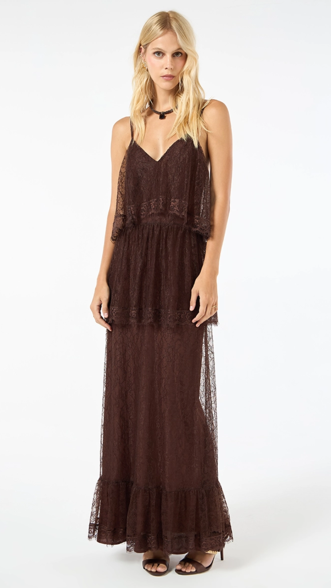 Vestido Longo Renda Camadas Marrom Netherla