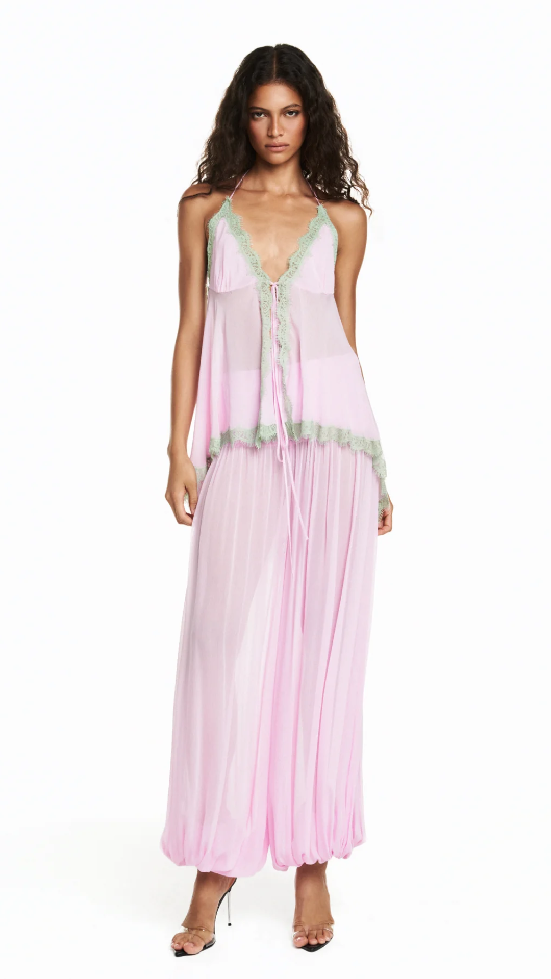 Regata Frente Única Chiffon Rosa Renda Verde