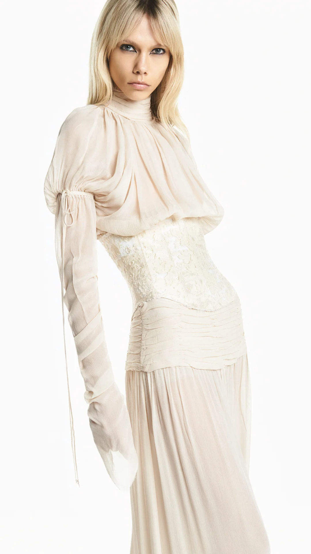 Blusa Manga Longa Drapeada Chiffon com Corset de Jacquard Areia