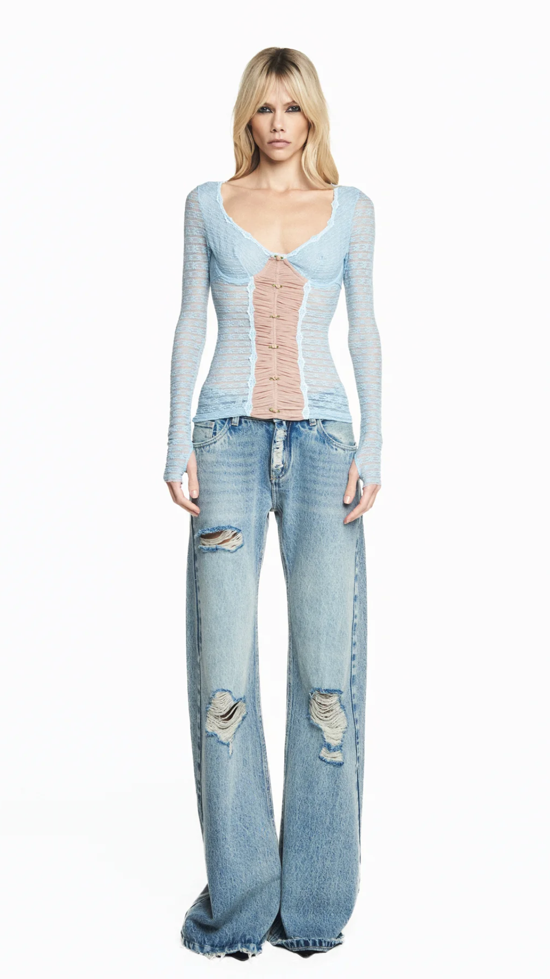 Blusa Manga Longa Renda Florzinha Azul e Tule Bege
