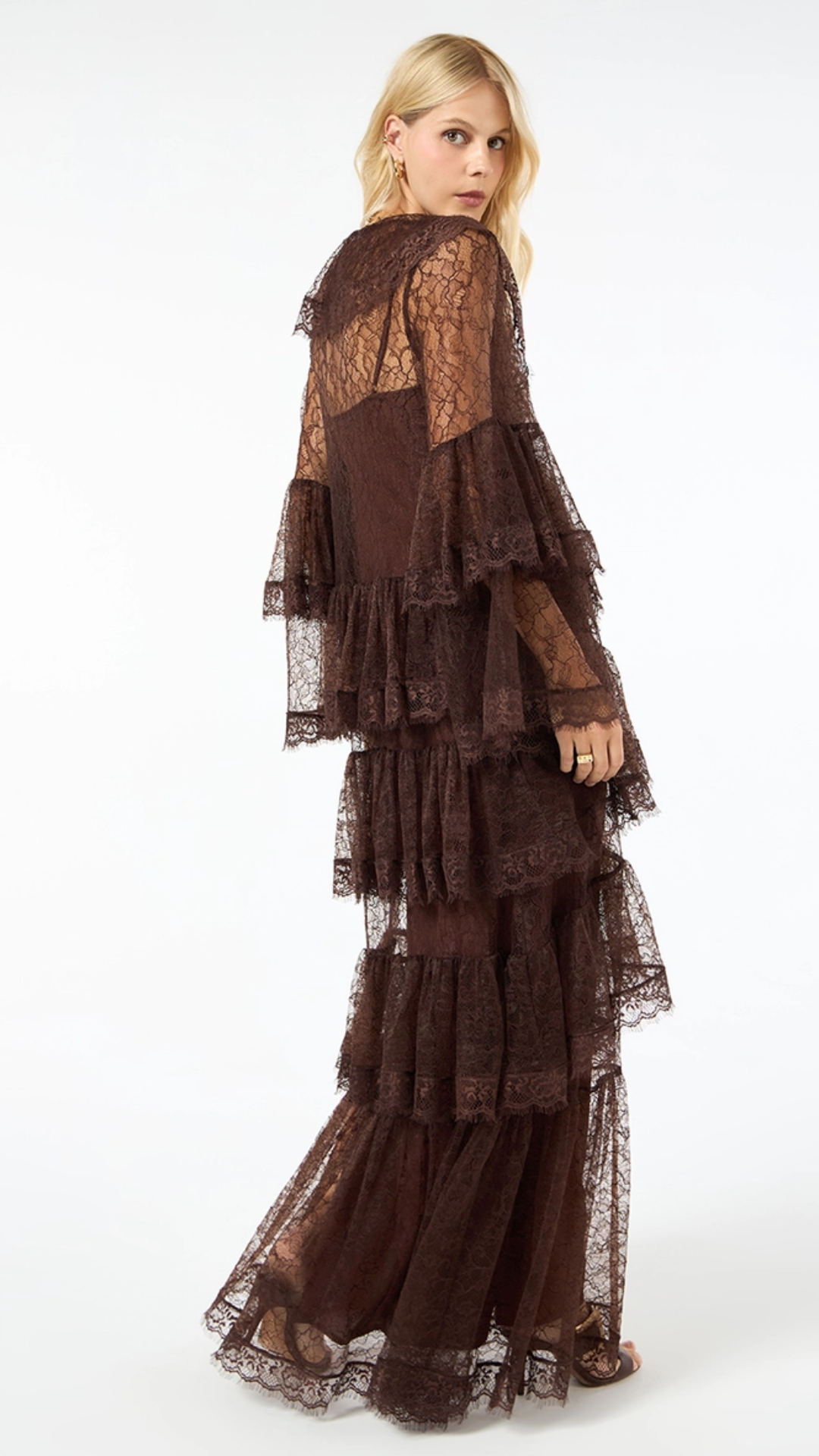 Vestido Longo Renda Babados Marrom Netherla