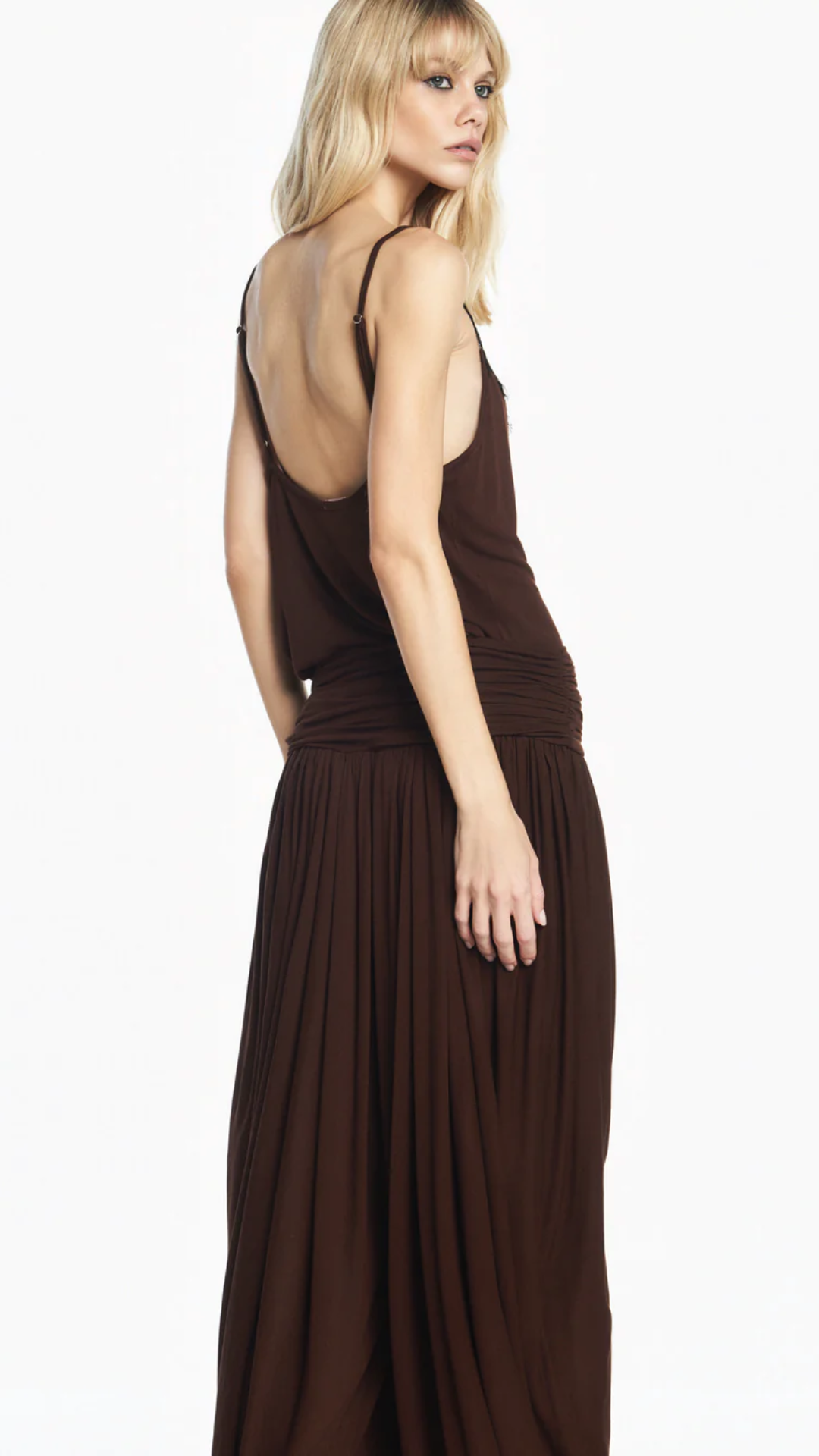 Regata Larga Renda Decote Malha Marrom