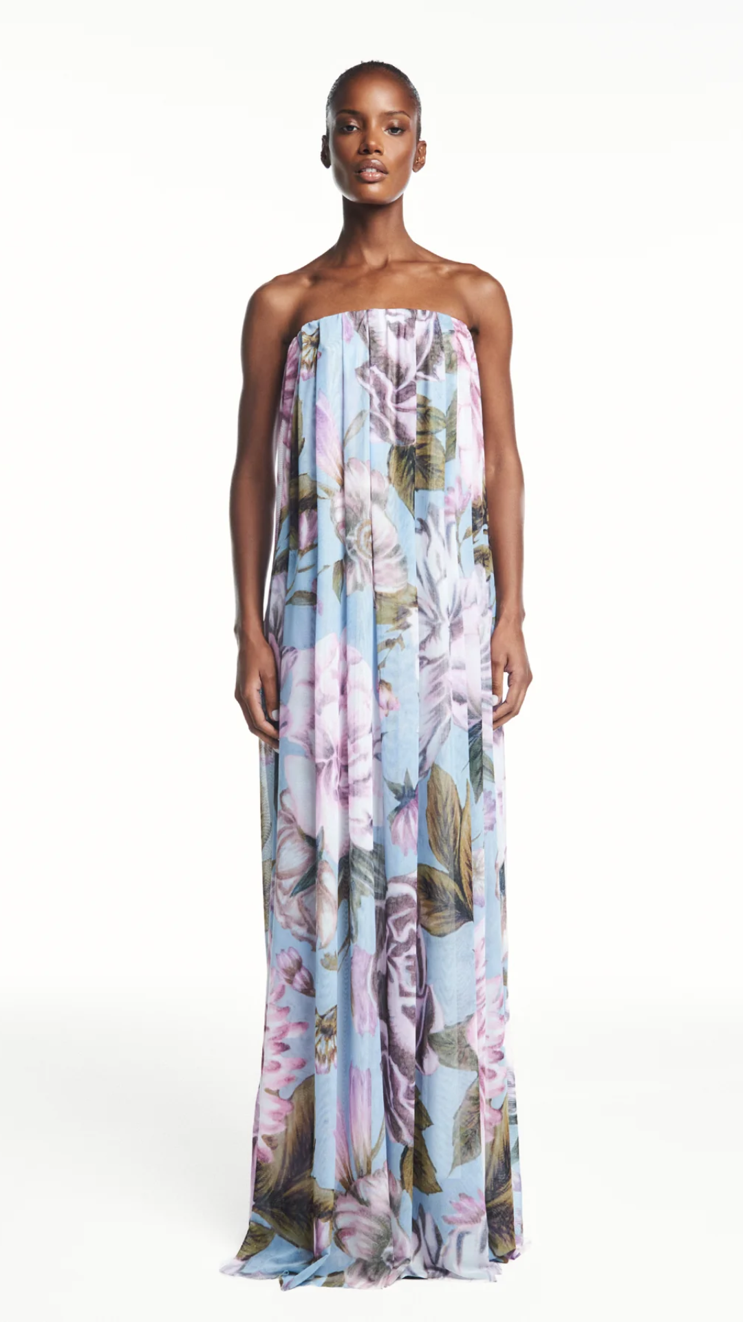 Vestido Longo Amplo Tomara que Caia Tule Floral Azul