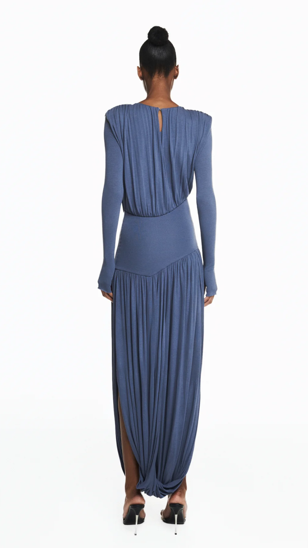 Vestido Longo Manga Longa Saia Torcida Corpo Drapeado Malha Azul