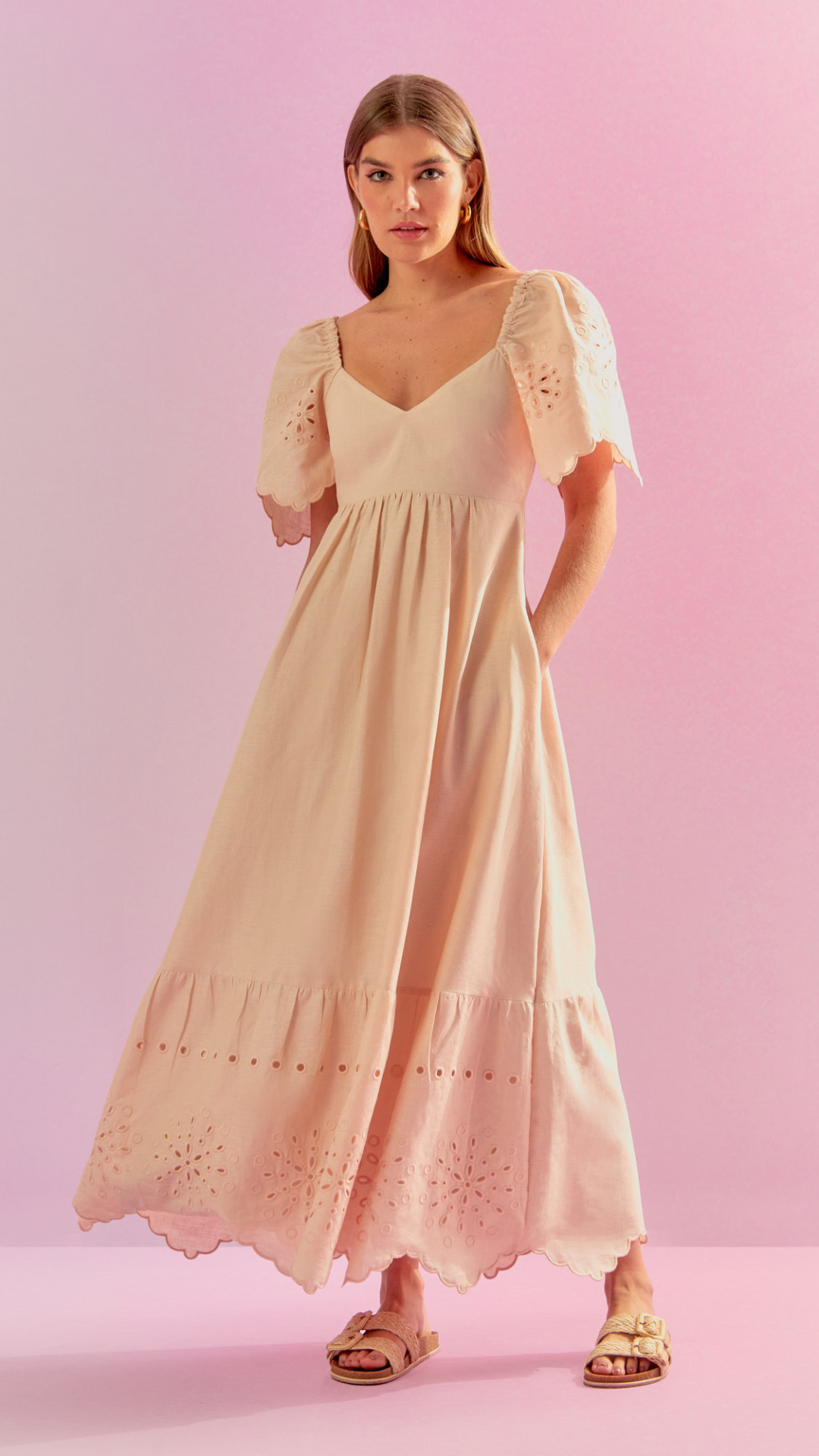 Vestido Linen Manga Bufante Richilieu Pérola
