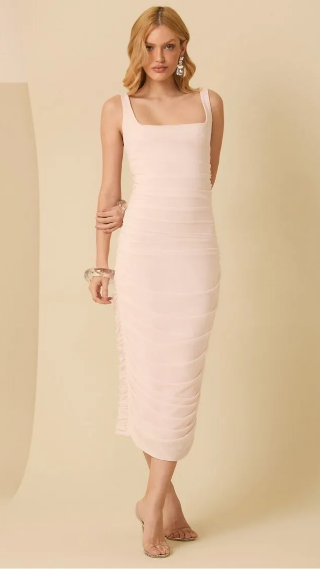 Vestido Midi Drapeado de Tule Rosa Pétala