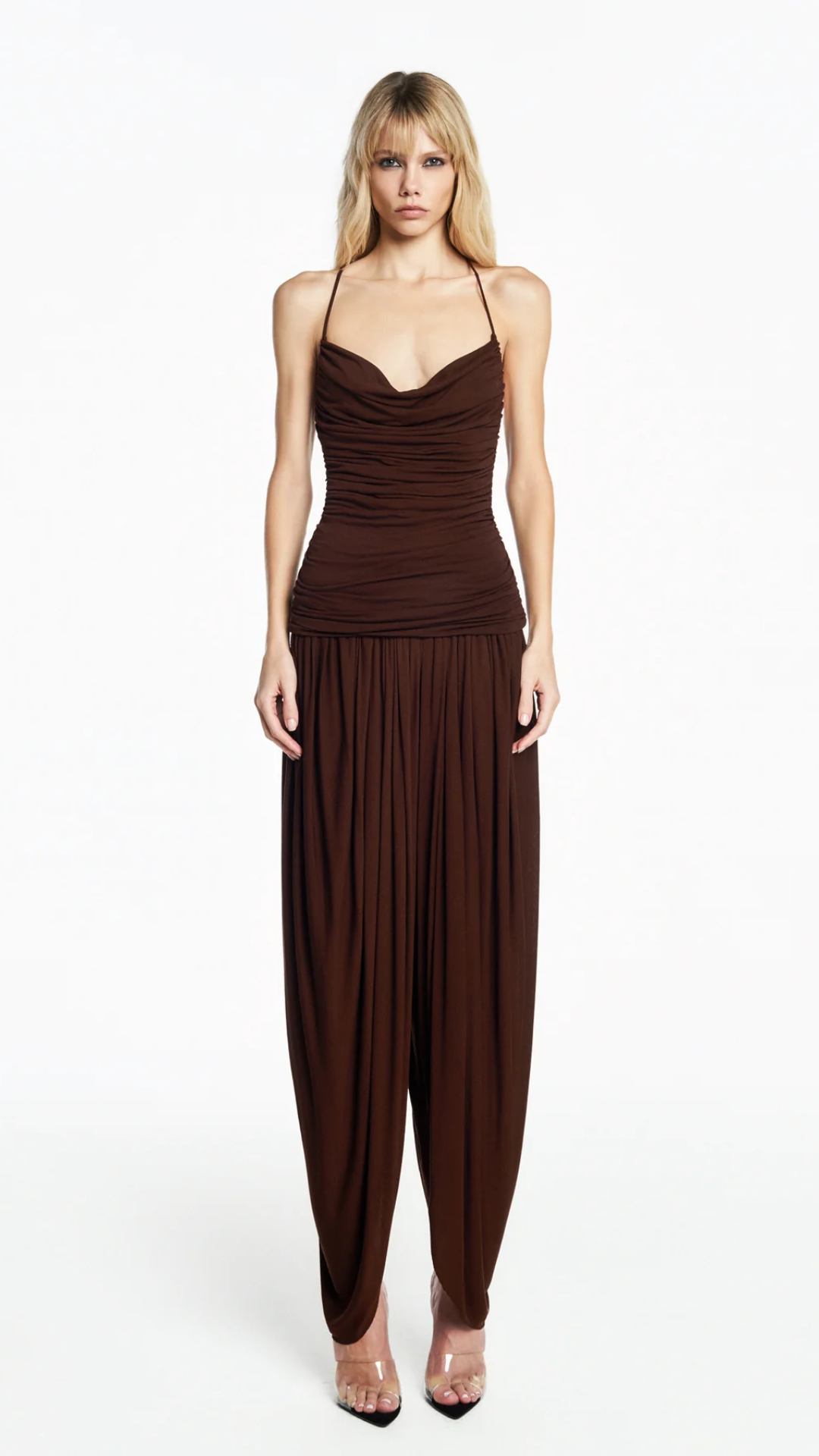 Regata Alça Corpo Drapeado Malha Marrom