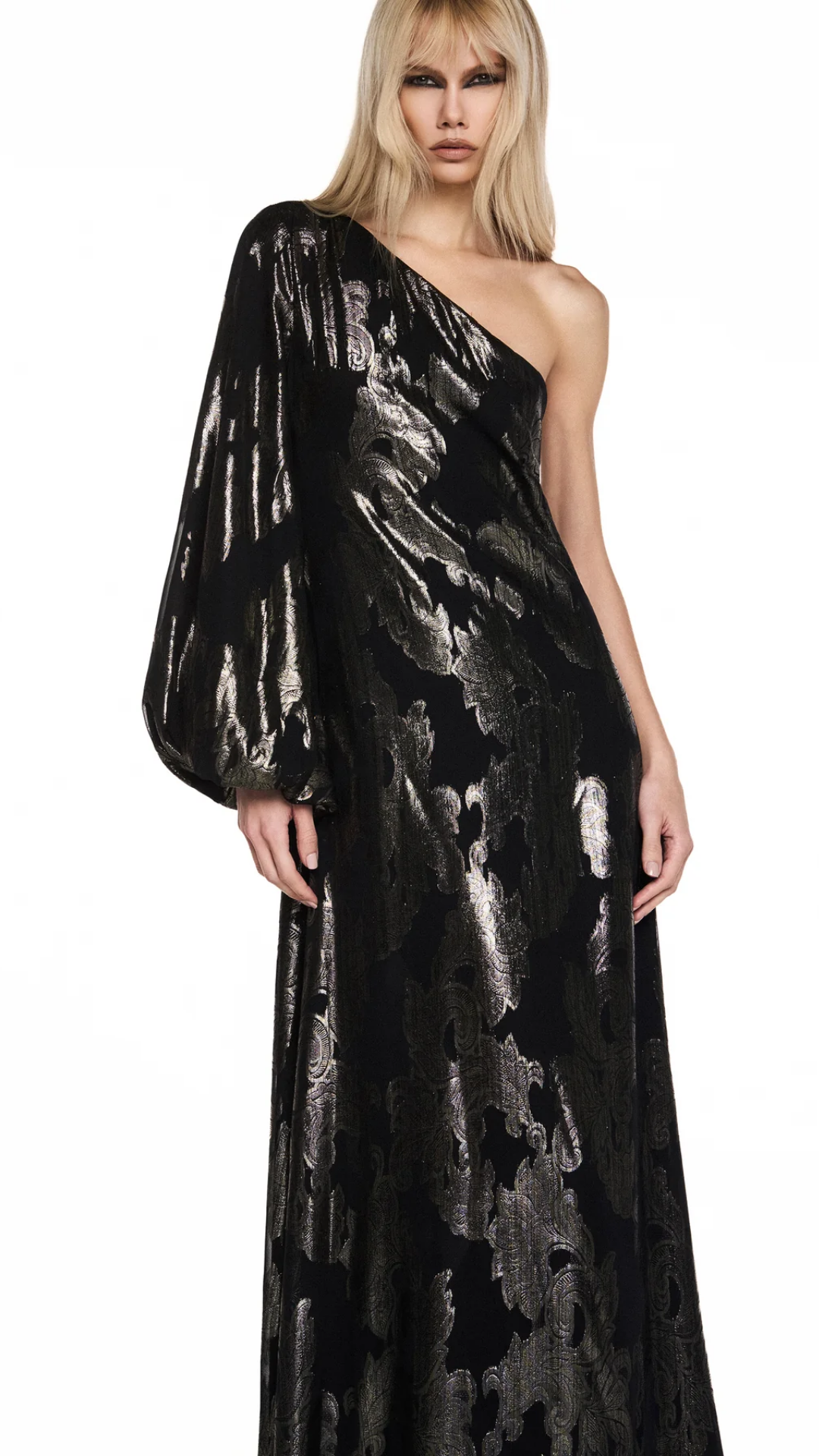 Vestido Longo Um Ombro Manga Longa Jacquard Lurex Preto