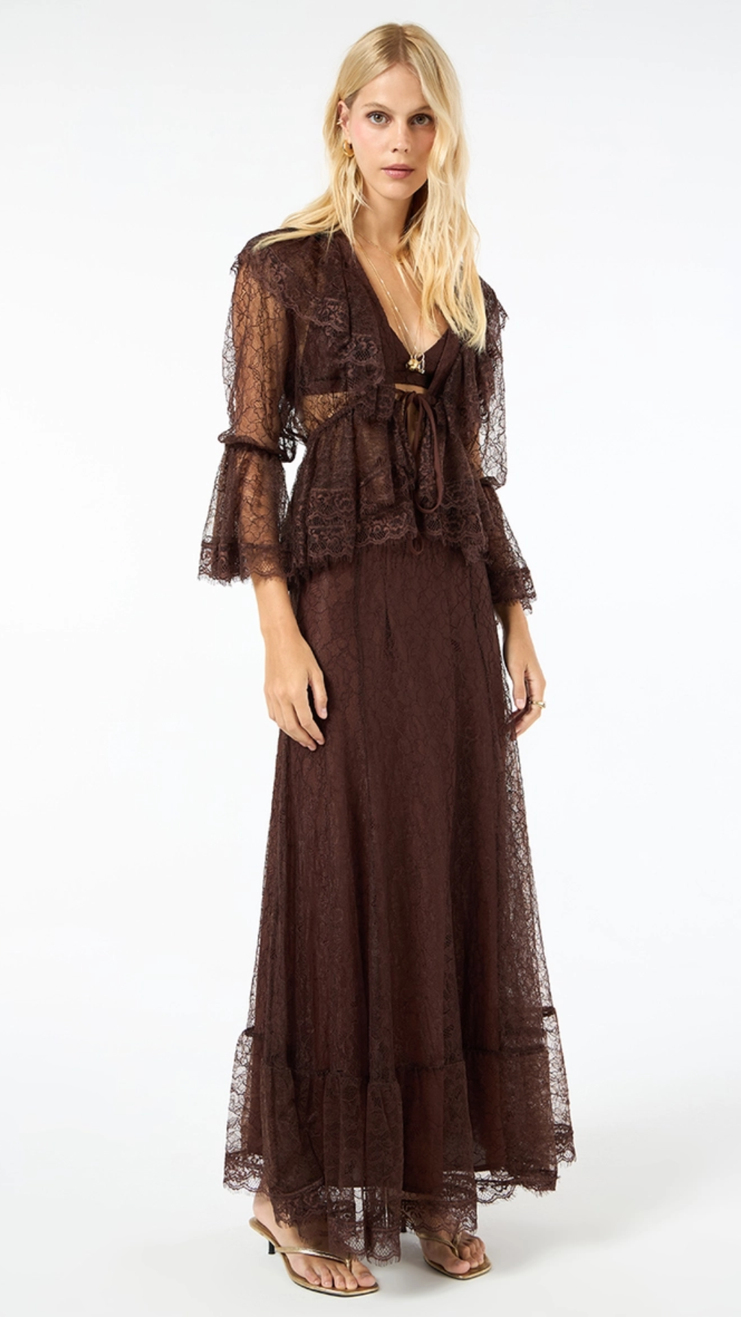 Blusa Renda Babados Marrom Netherla