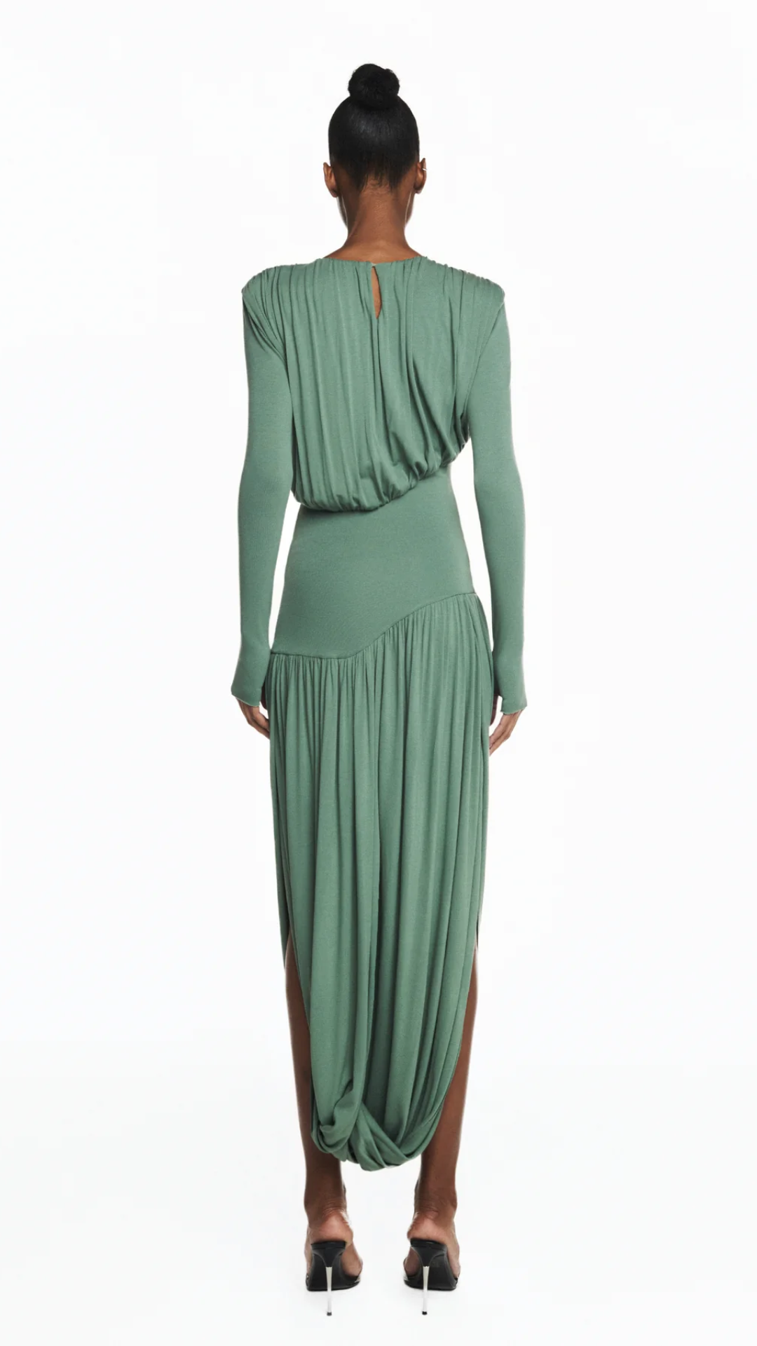 Vestido Longo Manga Longa Saia Torcida Corpo Drapeado Malha Verde
