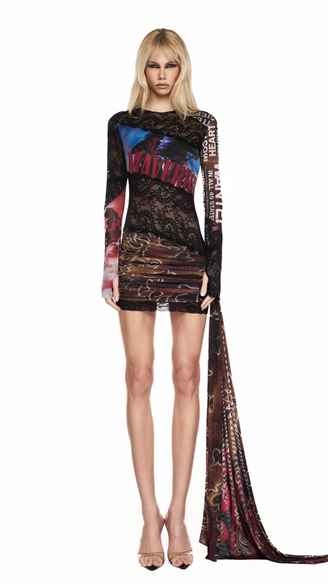 Vestido Curto Manga Longa Faixa Tule e Renda Maverick