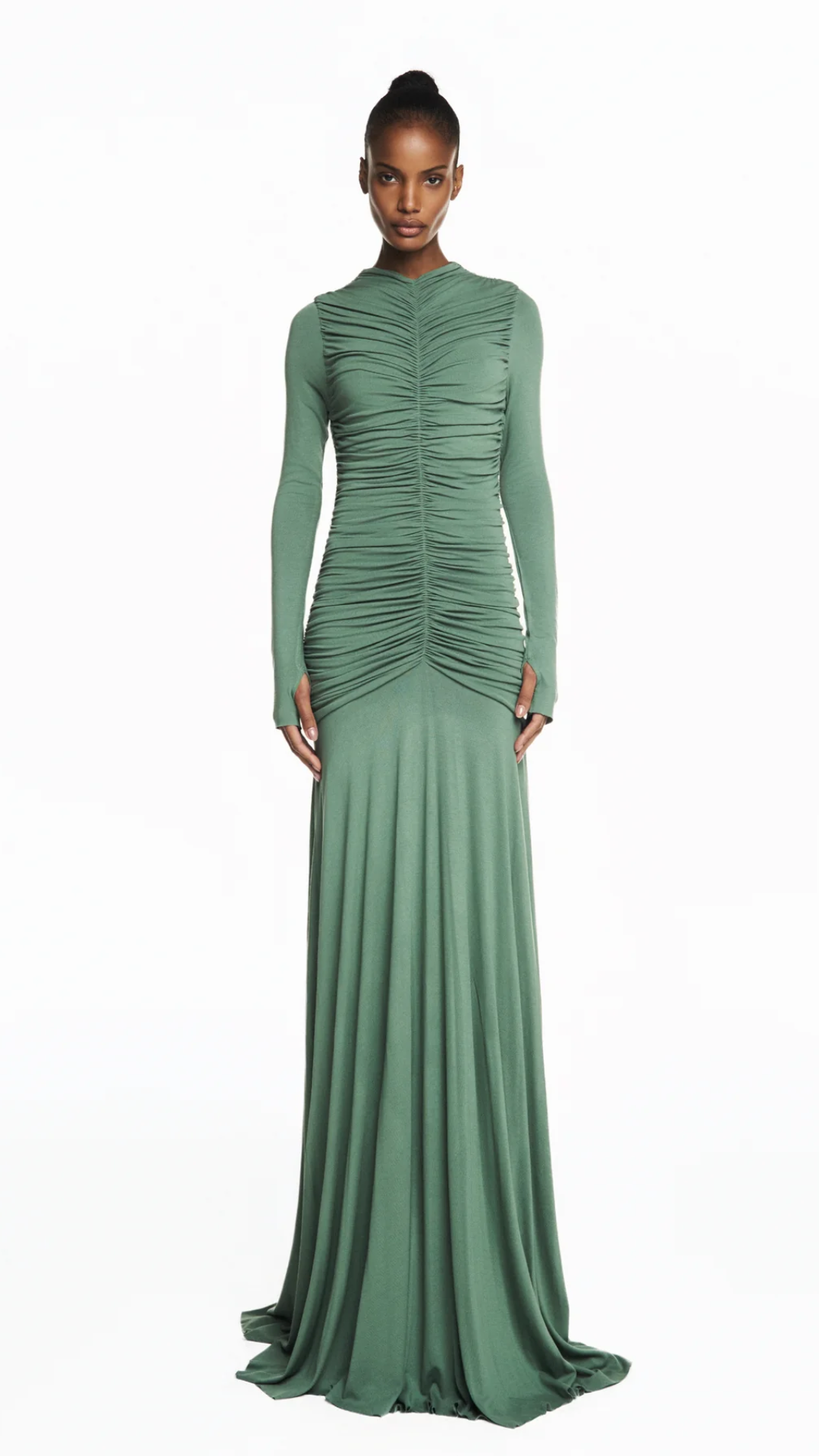 Vestido Longo Corpo Drapeado Manga Longa Malha Verde