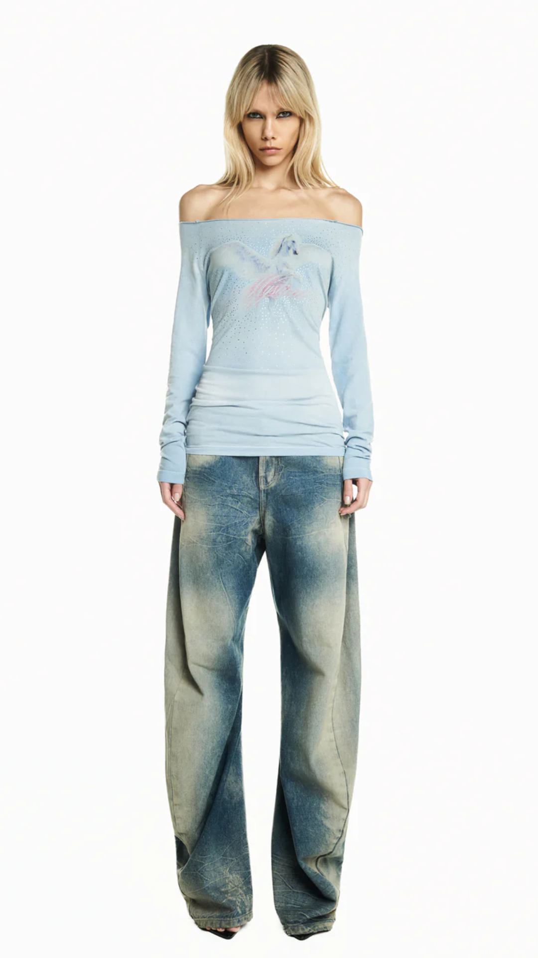 Camiseta Manga Longa Decote Canoa Malha Azul Pegasus Pedra