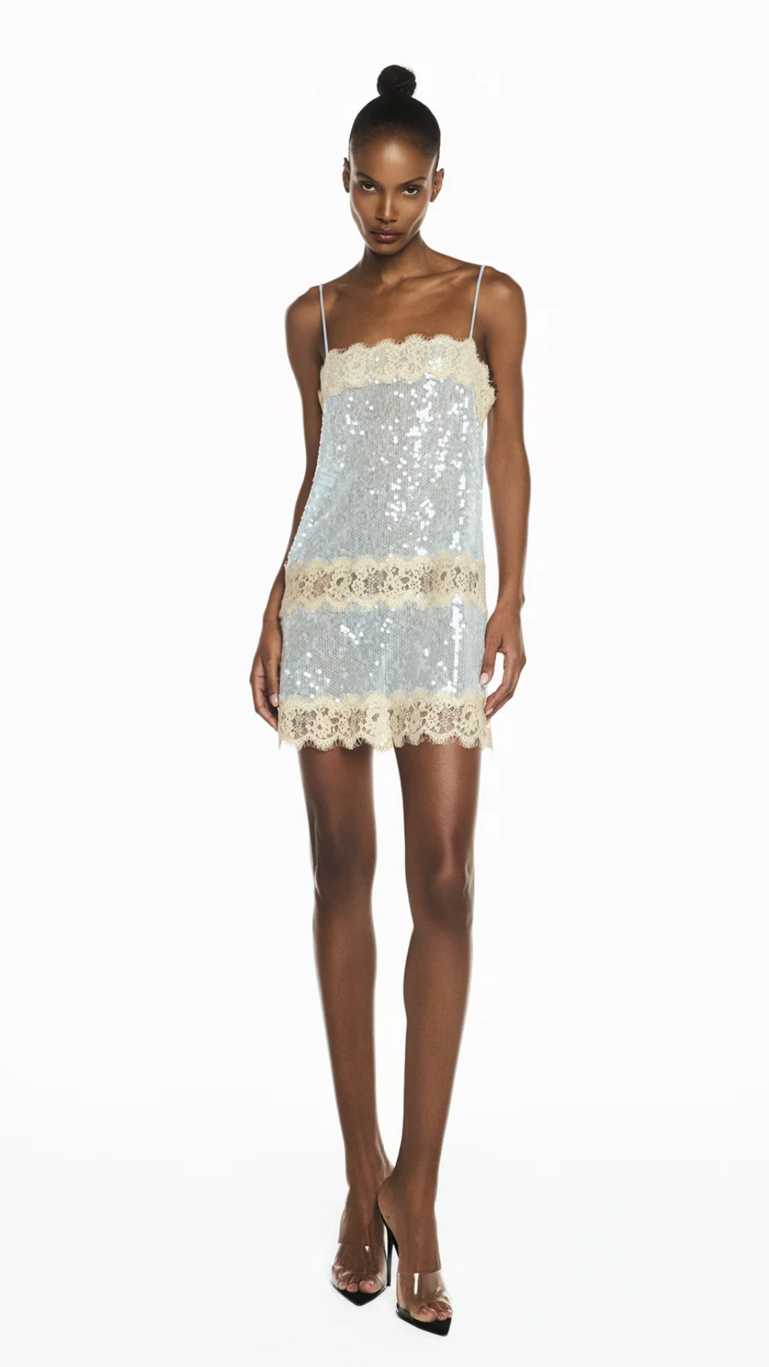 Vestido Curto Paetê Azul Renda Bege