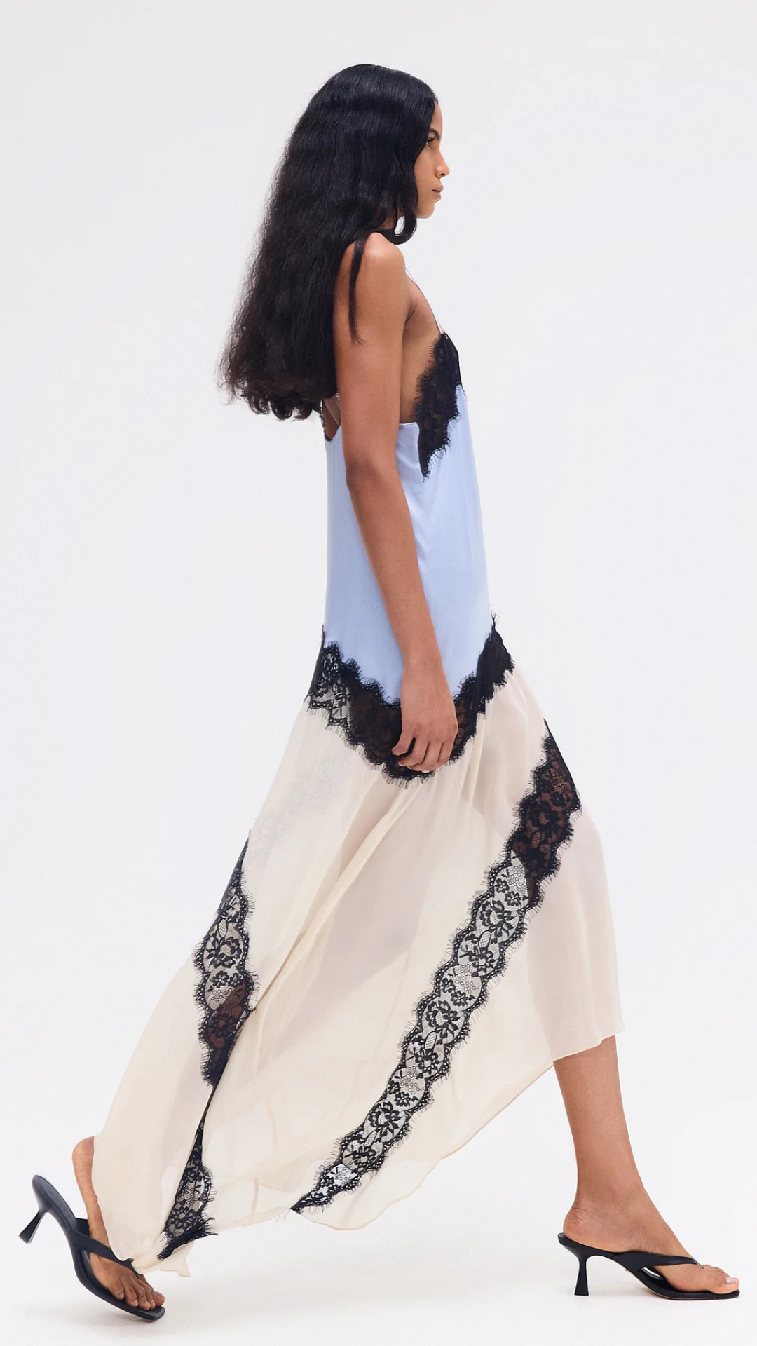 Vestido Longo Cetim Azul e Bege Renda Preta